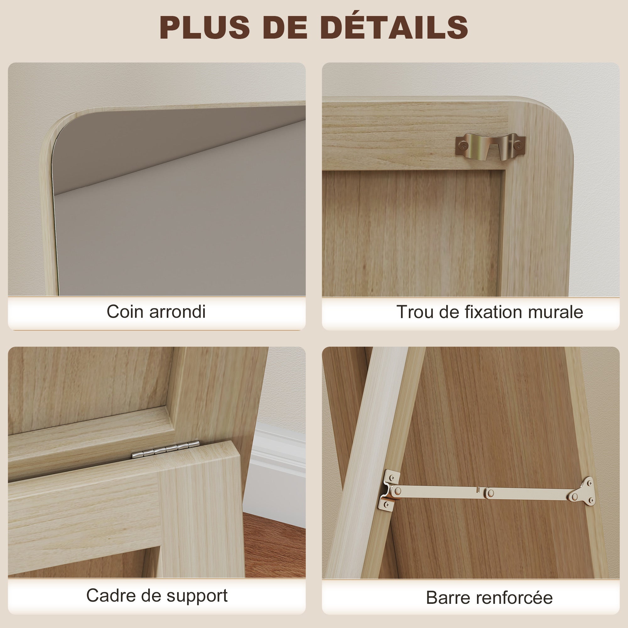 Grand miroir pleine longueur rectangulaire, 37 x 160 cm - miroir sur pied ou mural - pour chambre à coucher, salon et dressing, bois naturel