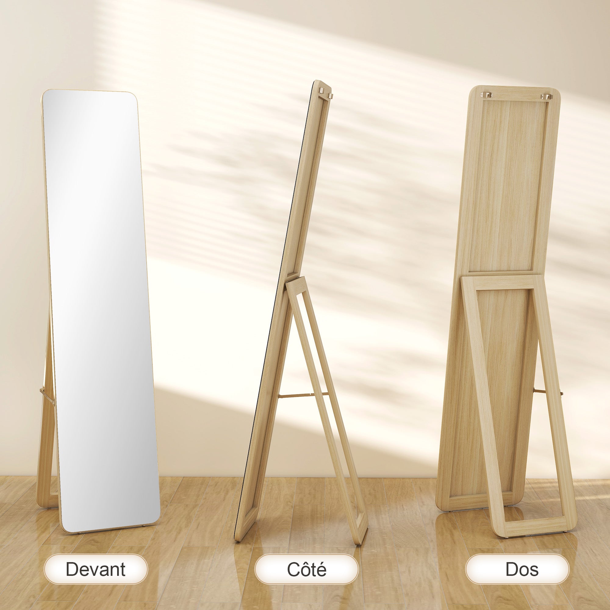 Grand miroir pleine longueur rectangulaire, 37 x 160 cm - miroir sur pied ou mural - pour chambre à coucher, salon et dressing, bois naturel