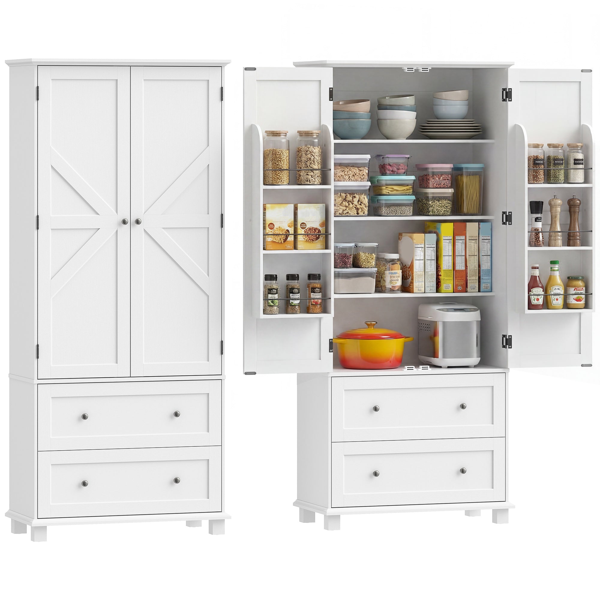 Buffet haut cuisine, armoire de cuisine, vaisselier, 2 portes 2 tiroirs 6 porte-racks étagères réglables, style rustique, meuble de rangement pour salon, salle à manger, 80x39,5x184,5cm, blanc