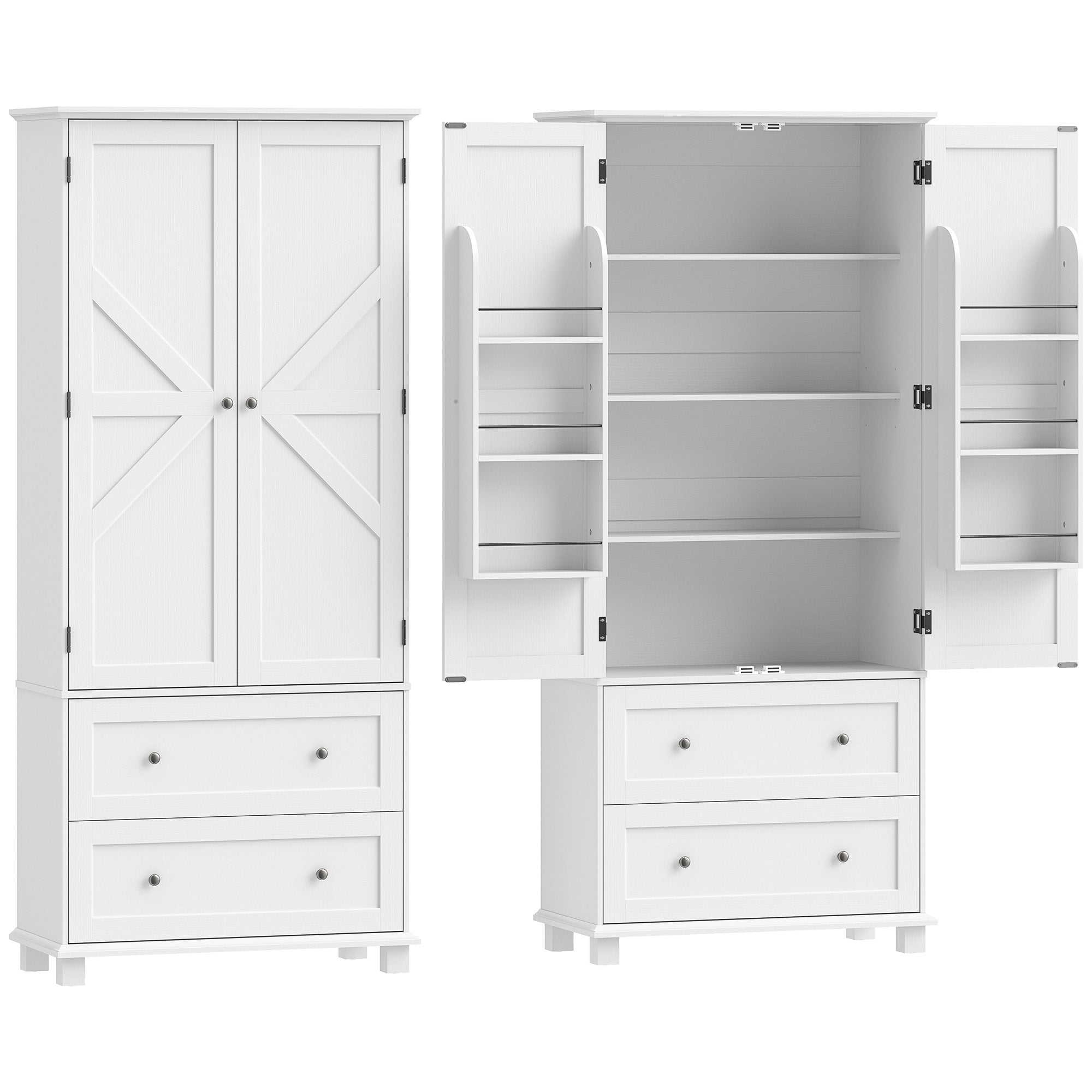 Buffet haut cuisine, armoire de cuisine, vaisselier, 2 portes 2 tiroirs 6 porte-racks étagères réglables, style rustique, meuble de rangement pour salon, salle à manger, 80x39,5x184,5cm, blanc
