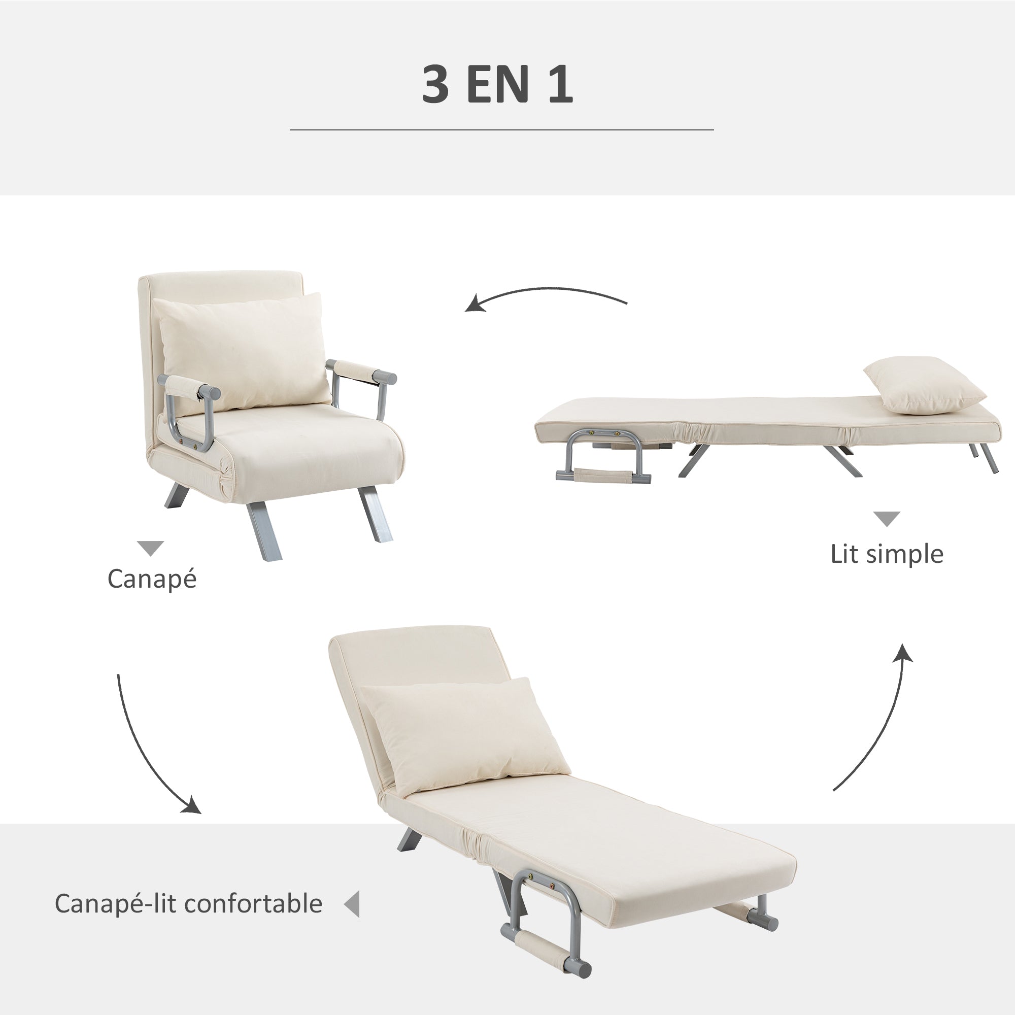 Fauteuil chauffeuse canapé-lit Convertible 1 Place déhoussable Grand Confort Coussin Pieds accoudoirs métal suède blanc