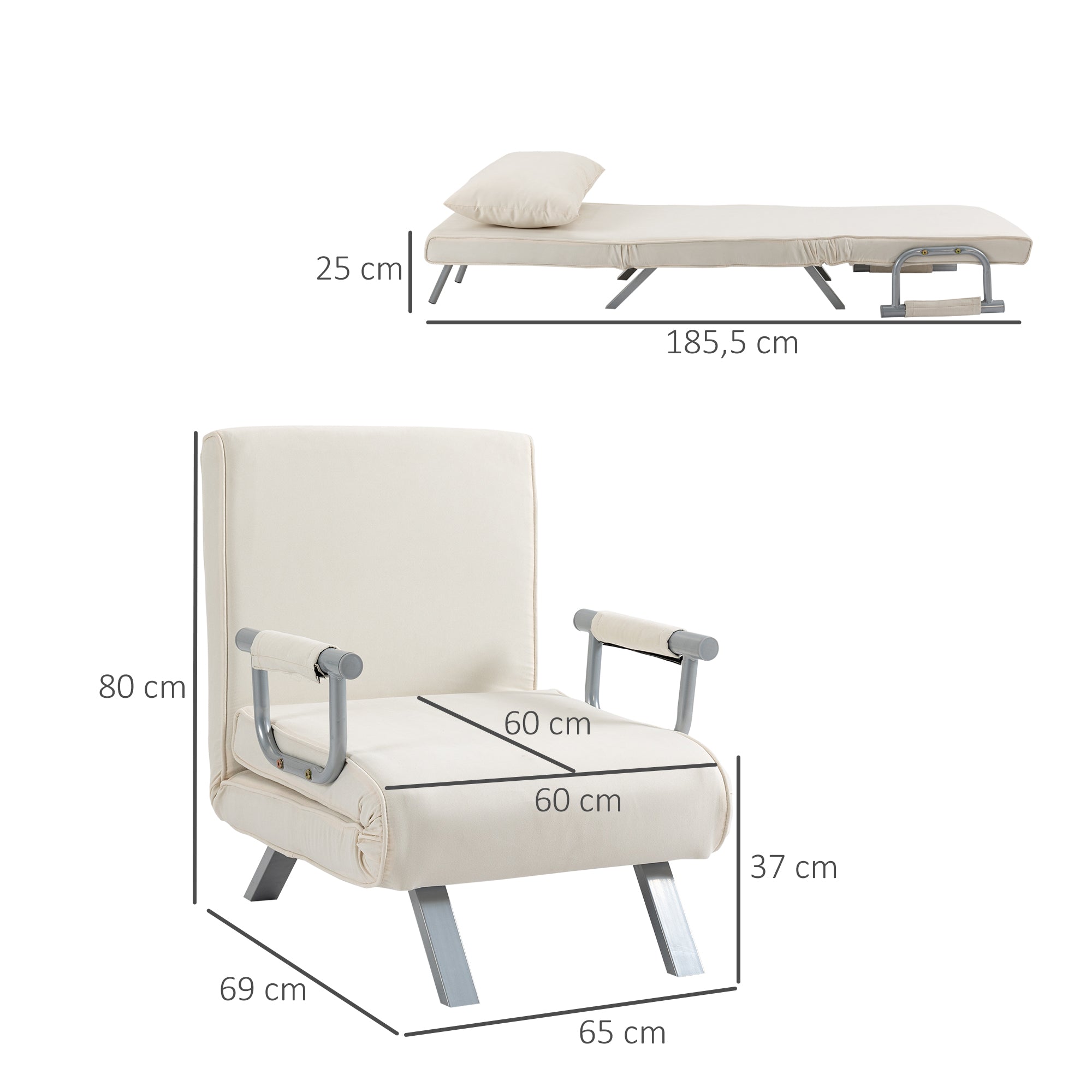 Fauteuil chauffeuse canapé-lit Convertible 1 Place déhoussable Grand Confort Coussin Pieds accoudoirs métal suède blanc