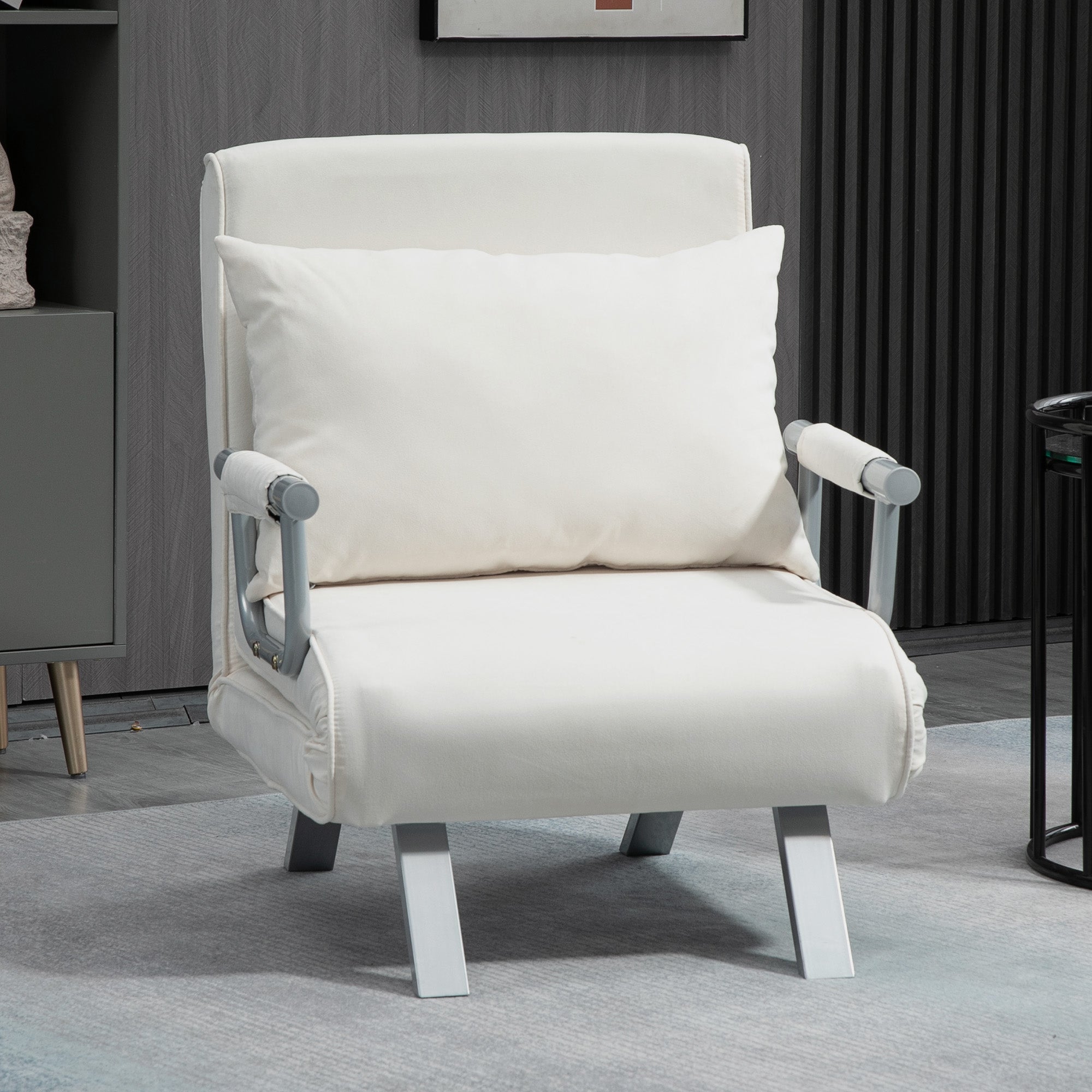 Fauteuil chauffeuse canapé-lit Convertible 1 Place déhoussable Grand Confort Coussin Pieds accoudoirs métal suède blanc