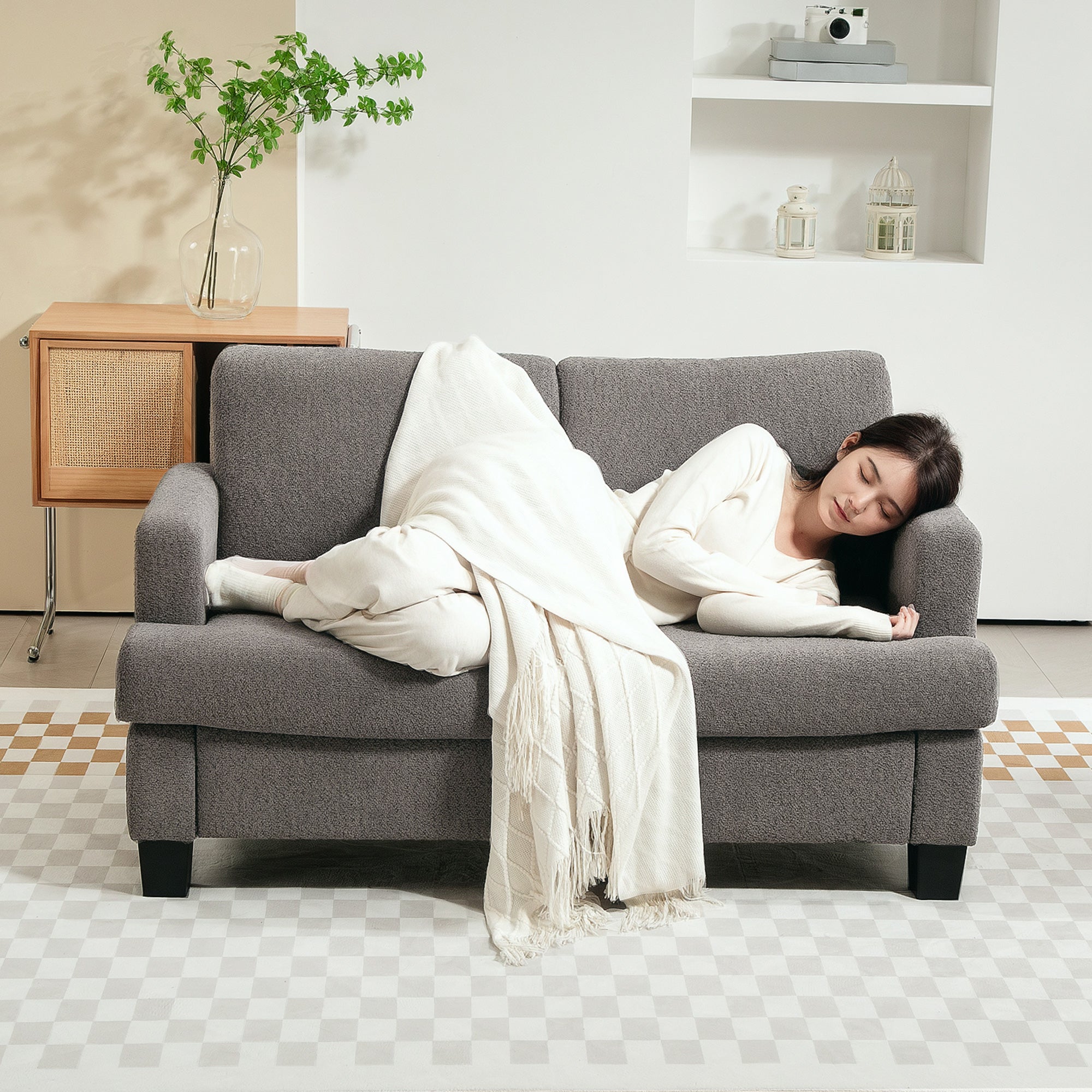 Canapé 2 places canapé de salon 140 cm style moderne avec coussins de dossier amovibles et accoudoirs, mini sofa pour chambre, appartement, petit espace, gris foncé