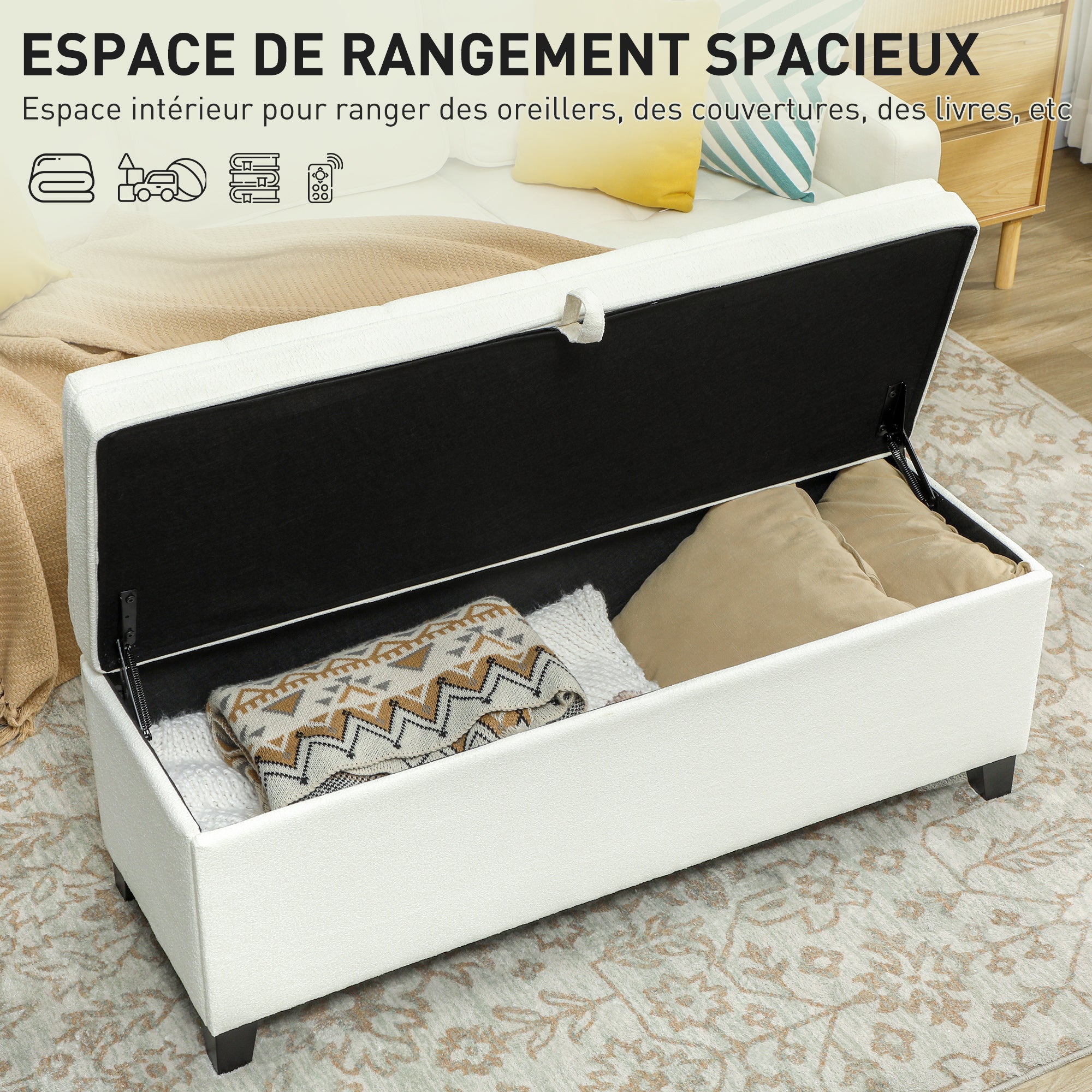 Banc de rangement 112L banquette bout de lit coffre de rangement avec siège capitonné, tissu de lin, pour salon, chambre, entrée, 120 x 40 x 48 cm, crème