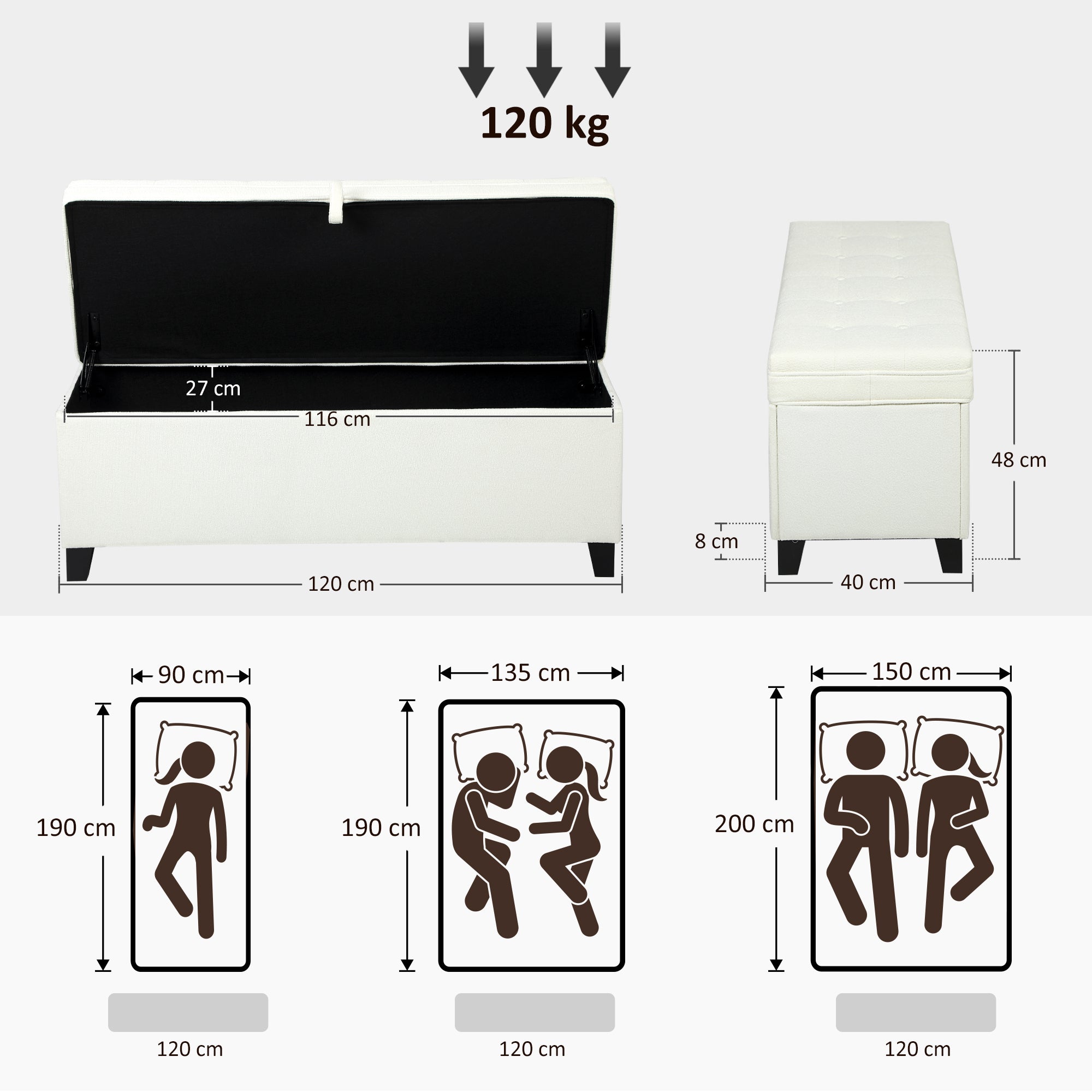 Banc de rangement 112L banquette bout de lit coffre de rangement avec siège capitonné, tissu de lin, pour salon, chambre, entrée, 120 x 40 x 48 cm, crème