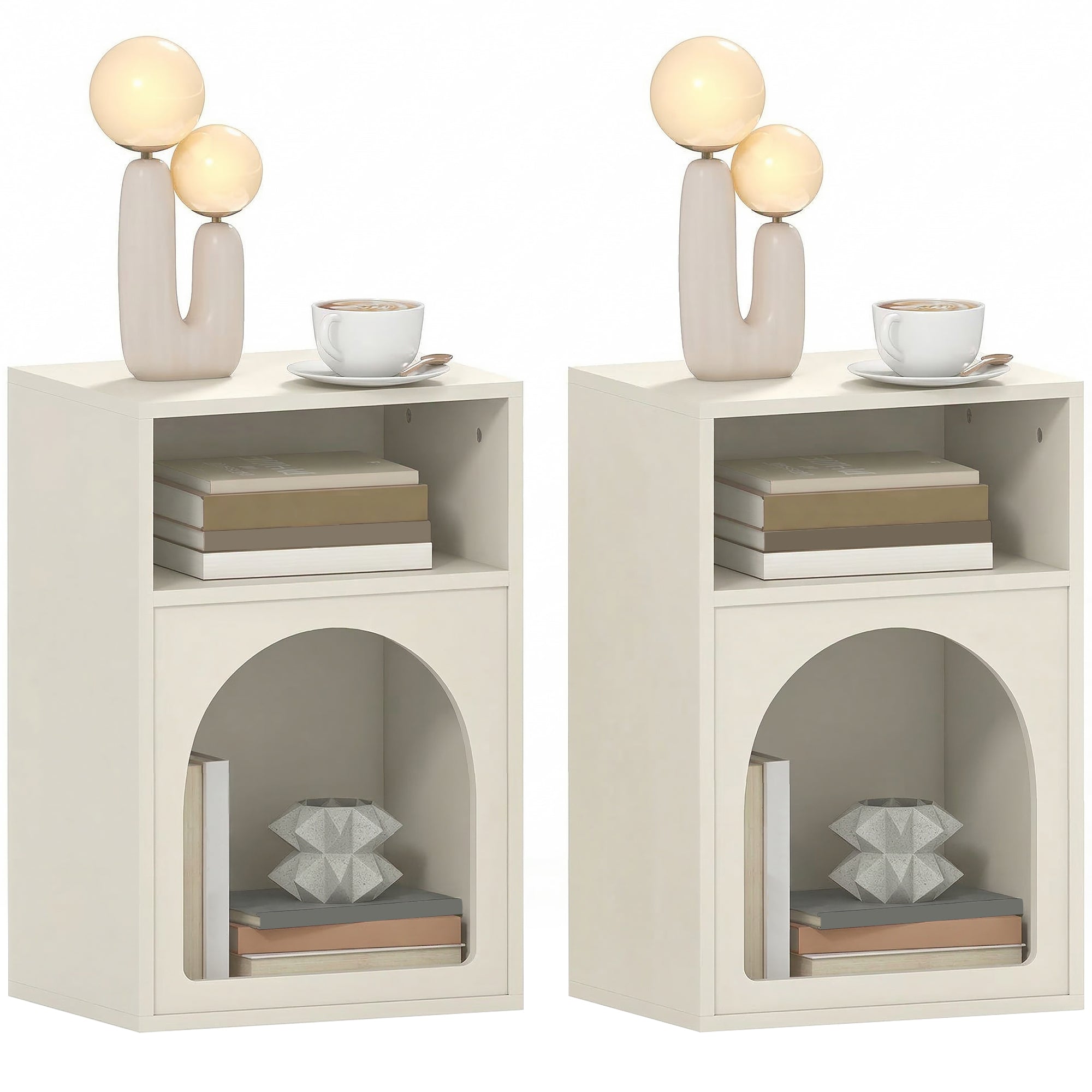 Lot de 2 tables de chevet, table de nuit avec compartiments ouverts, design arqué, chevet de lit pour chambre à coucher, salon, 40 x 30 x 60 cm, crème