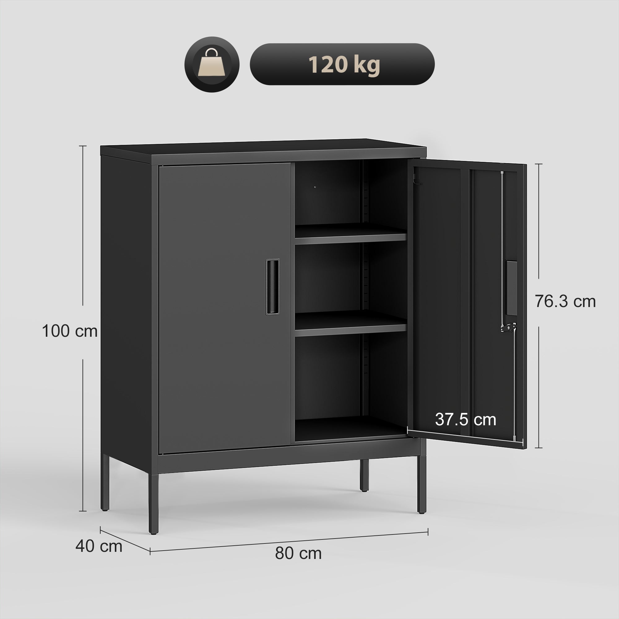 Armoire de Bureau Métallique, 80 x 40 x 100 cm, Meuble de Rangement en Acier avec Serrure, 2 Portes et 2 Étagères Réglables, Classeur Rangement Documents Industriel pour Bureau ou Garage, Noir