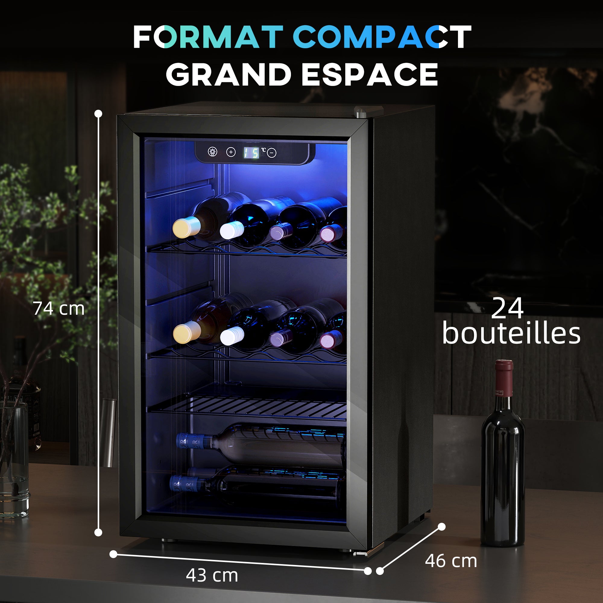 Cave à vin 24 bouteilles 68L, réfrigérateur à vin et boissons avec température réglable 4-16 °C, porte réversible en verre trempé double, éclairage LED, écran tactile et étagère amovible, noir