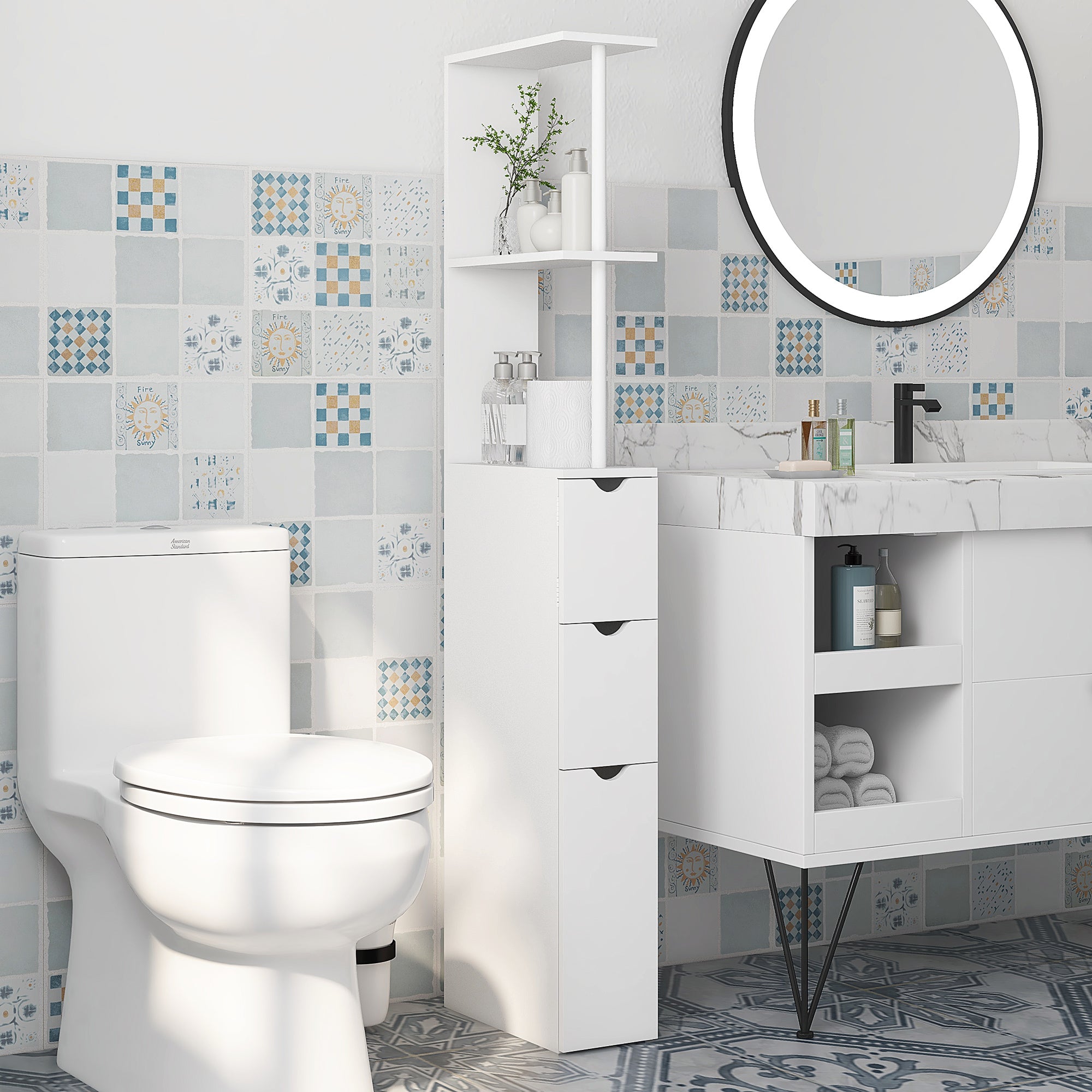 Meuble colonne salle de bain, armoire de salle de bain, avec tiroirs, étagères ouvertes, placard, 15 x 33 x 136,5 cm, blanc
