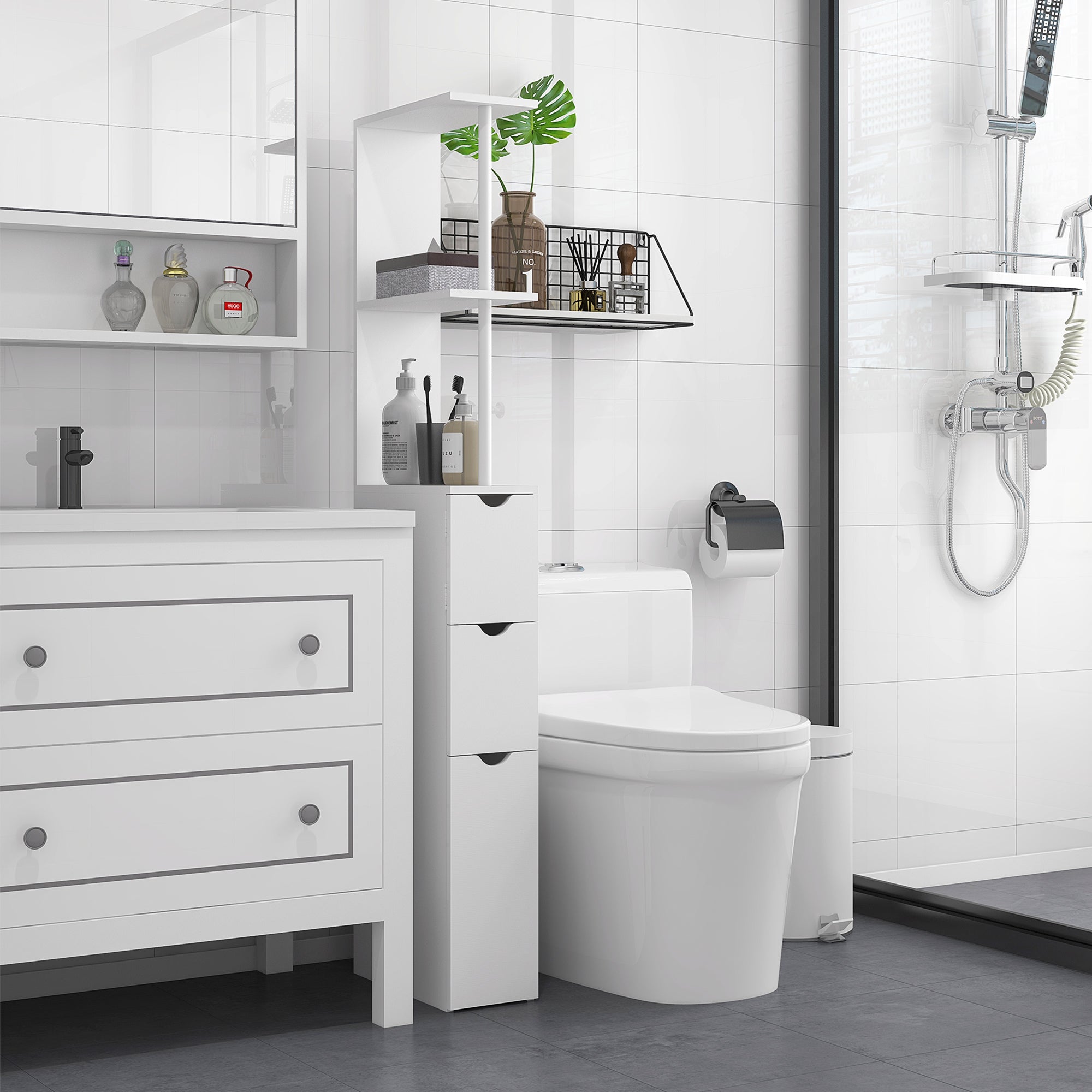 Meuble colonne salle de bain, armoire de salle de bain, avec tiroirs, étagères ouvertes, placard, 15 x 33 x 136,5 cm, blanc
