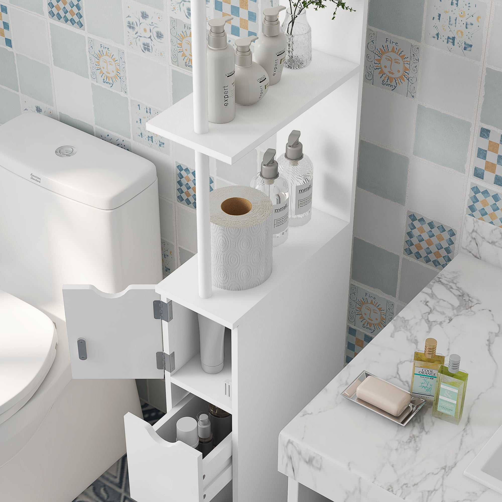 Meuble colonne salle de bain, armoire de salle de bain, avec tiroirs, étagères ouvertes, placard, 15 x 33 x 136,5 cm, blanc
