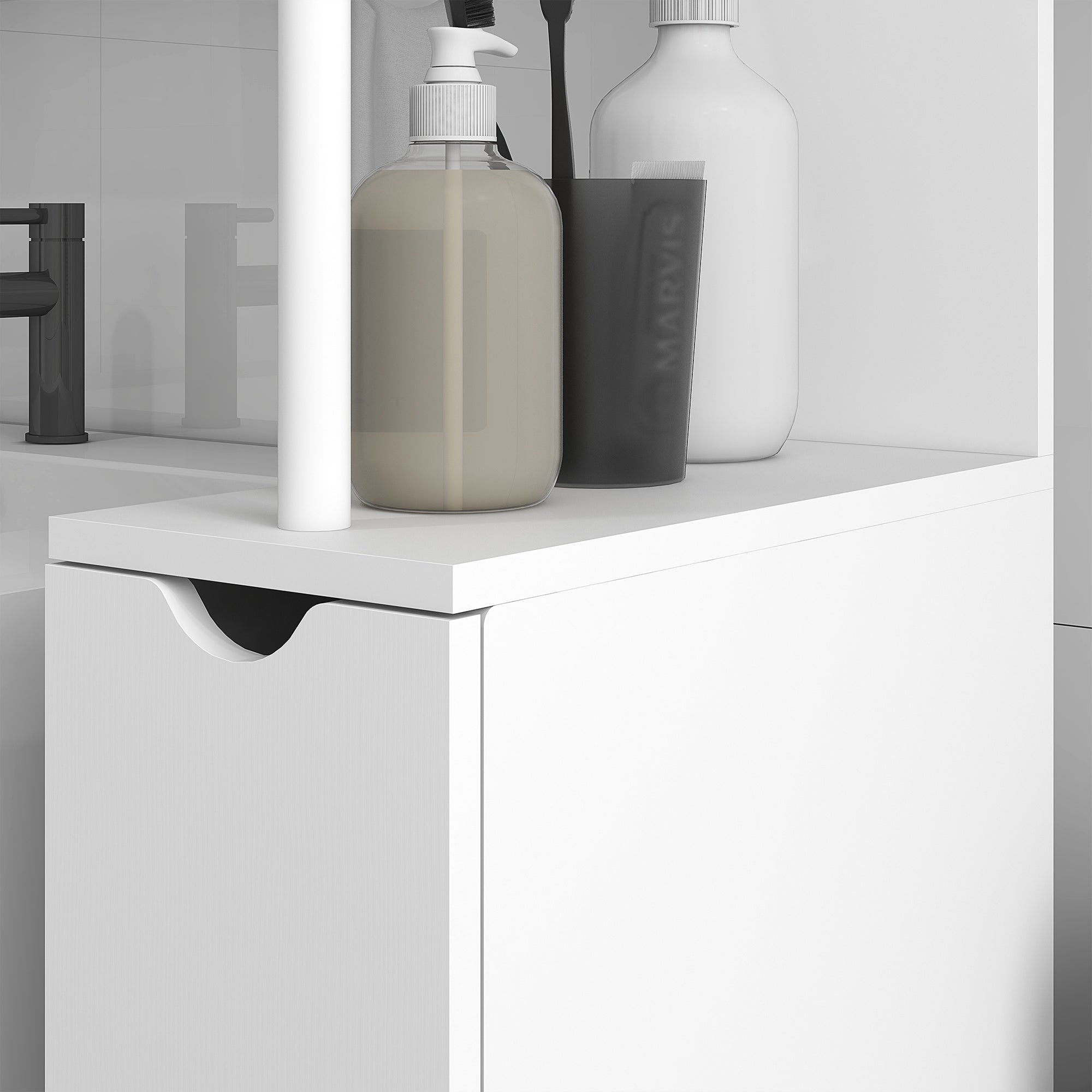 Meuble colonne salle de bain, armoire de salle de bain, avec tiroirs, étagères ouvertes, placard, 15 x 33 x 136,5 cm, blanc