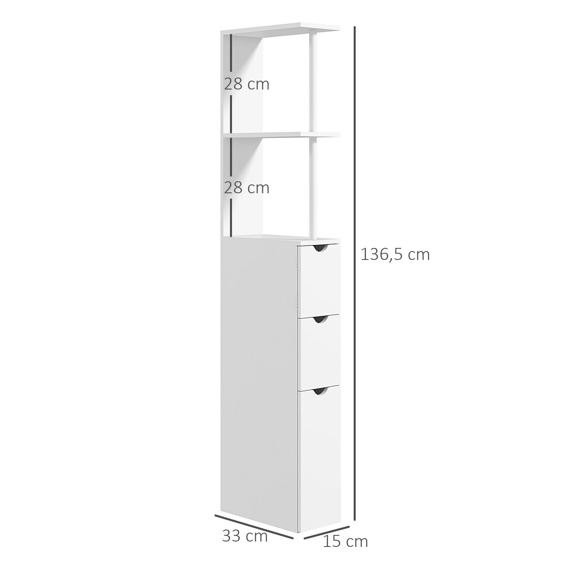 Meuble colonne salle de bain, armoire de salle de bain, avec tiroirs, étagères ouvertes, placard, 15 x 33 x 136,5 cm, blanc