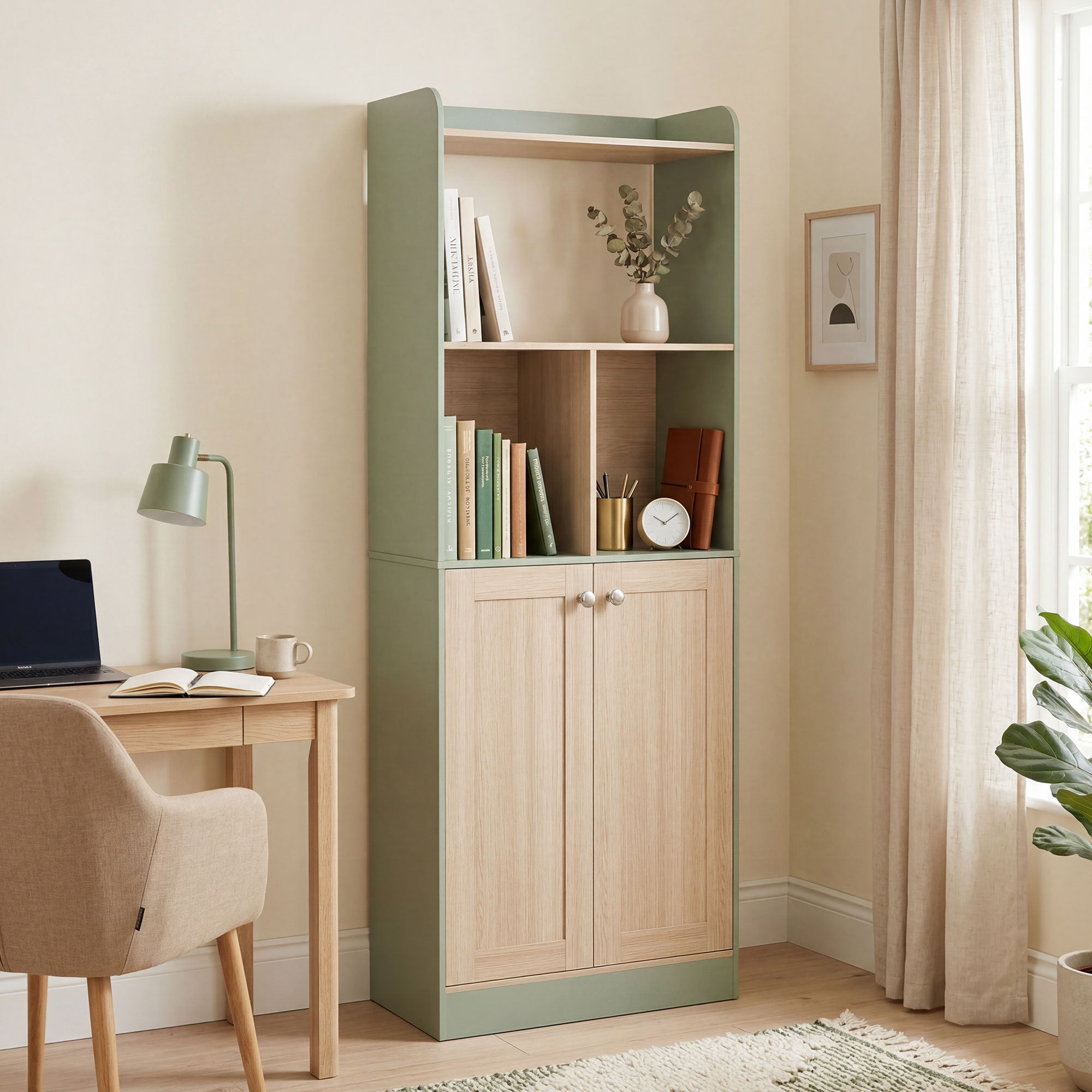 Bibliothèque à 5 niveaux, meuble de rangement, étagère à livres 60 x 30 x 161,2 cm avec 2 portes, étagère de rangement pour salon, chambre, bureau, vert et bois naturel