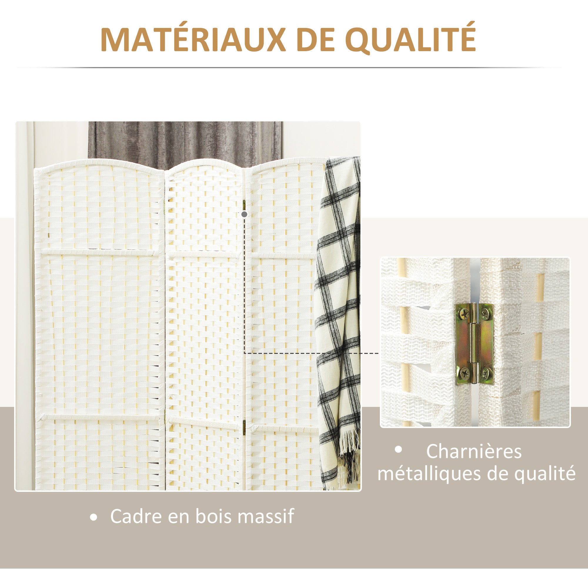 Paravent interieur en bois 4 panneaux 160 x 170 cm séparateur de pièce pliable avec finition tissée, closion de séparation pour salon, chambre à coucher, maison, blanc