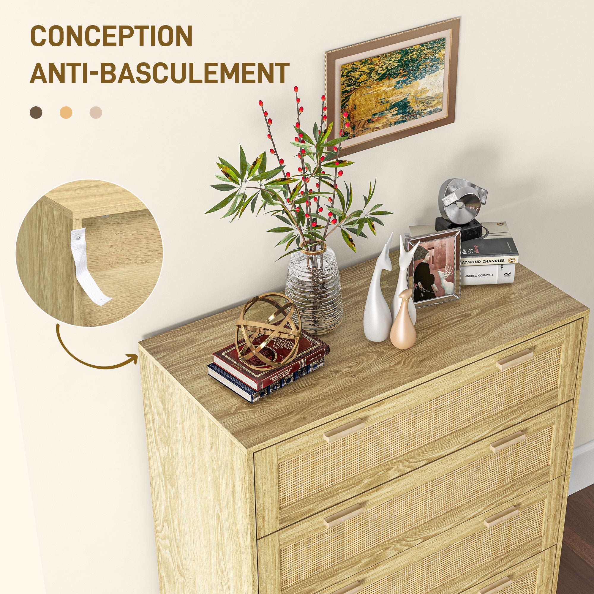 Commode chambre 4 tiroirs meuble de rangement avec façade tissage en rotin style bohème dim. 90l x 45P x 108,5H cm Aspect Bois Clair