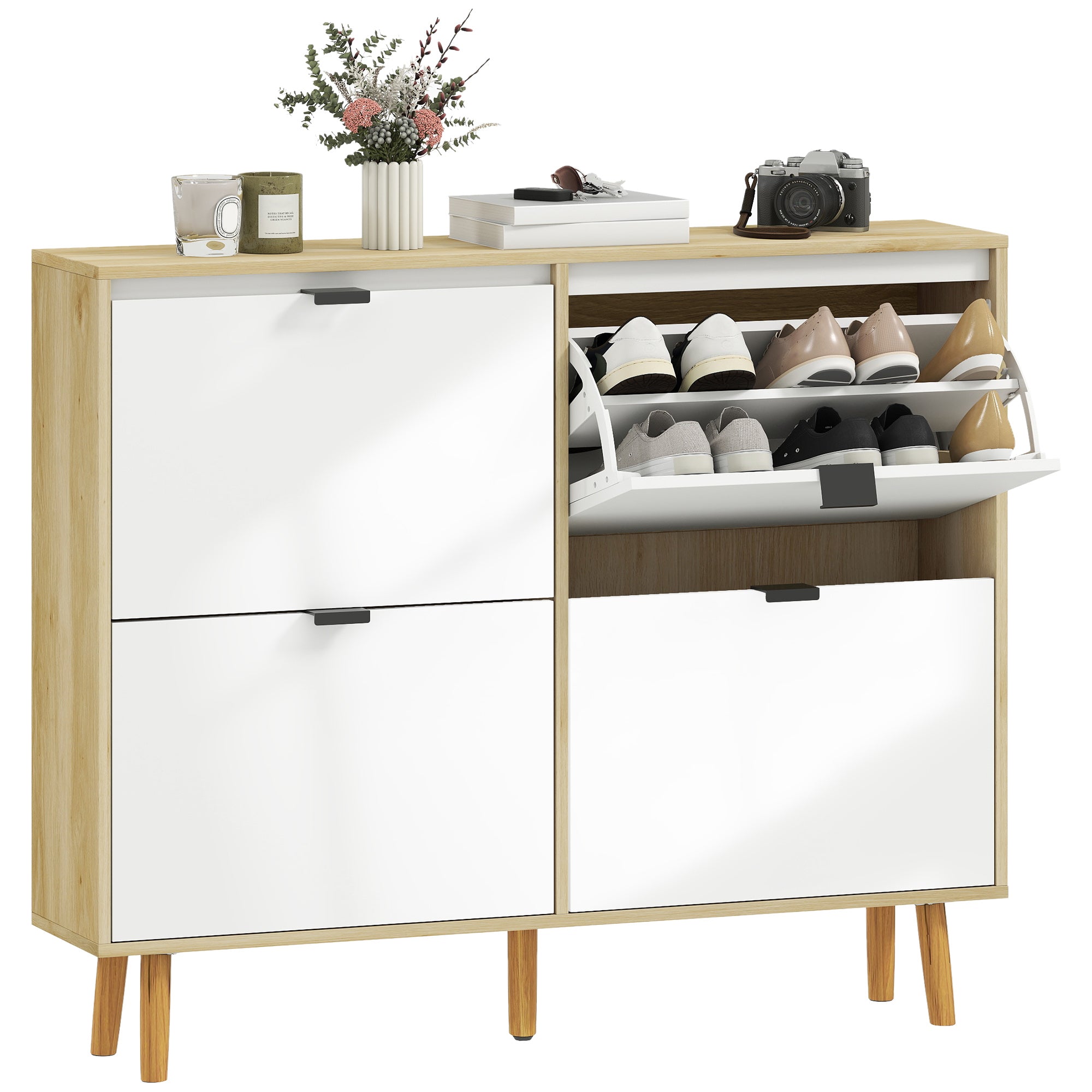 Meuble à chaussures 20 paires, porte haute brillante, armoire à chaussures étroite avec 4 tiroirs rabattables et étagères réglables, style moderne, pour couloir, entrée, 105x24x92,5cm, blanc