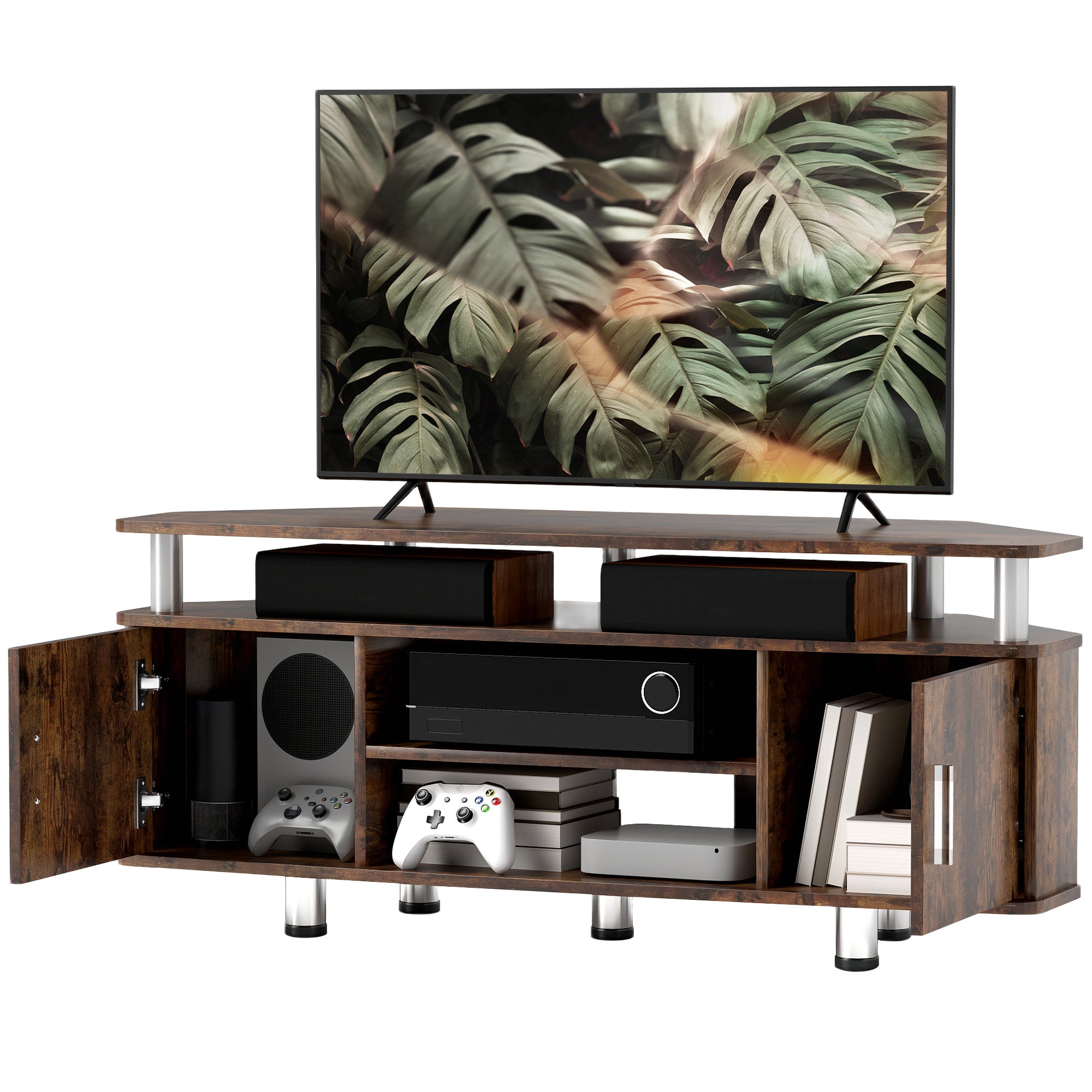Meuble TV meuble télé bois banc TV pour téléviseur jusqu'à 55 pouces avec grand plateau, placards à portes et compartiment ouvert pour salon chambre à coucher, 120 x 40 x 52 cm, marron