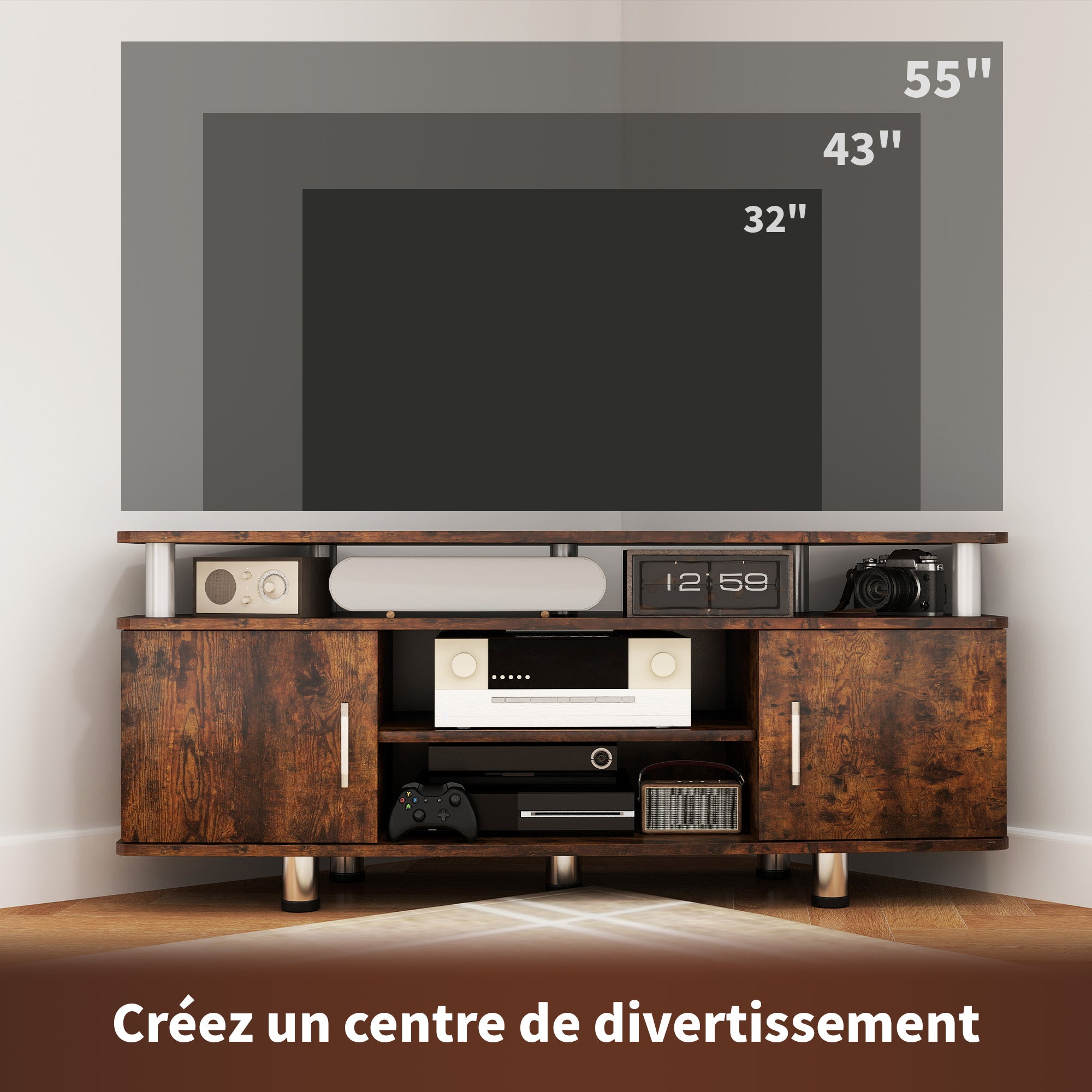 Meuble TV meuble télé bois banc TV pour téléviseur jusqu'à 55 pouces avec grand plateau, placards à portes et compartiment ouvert pour salon chambre à coucher, 120 x 40 x 52 cm, marron