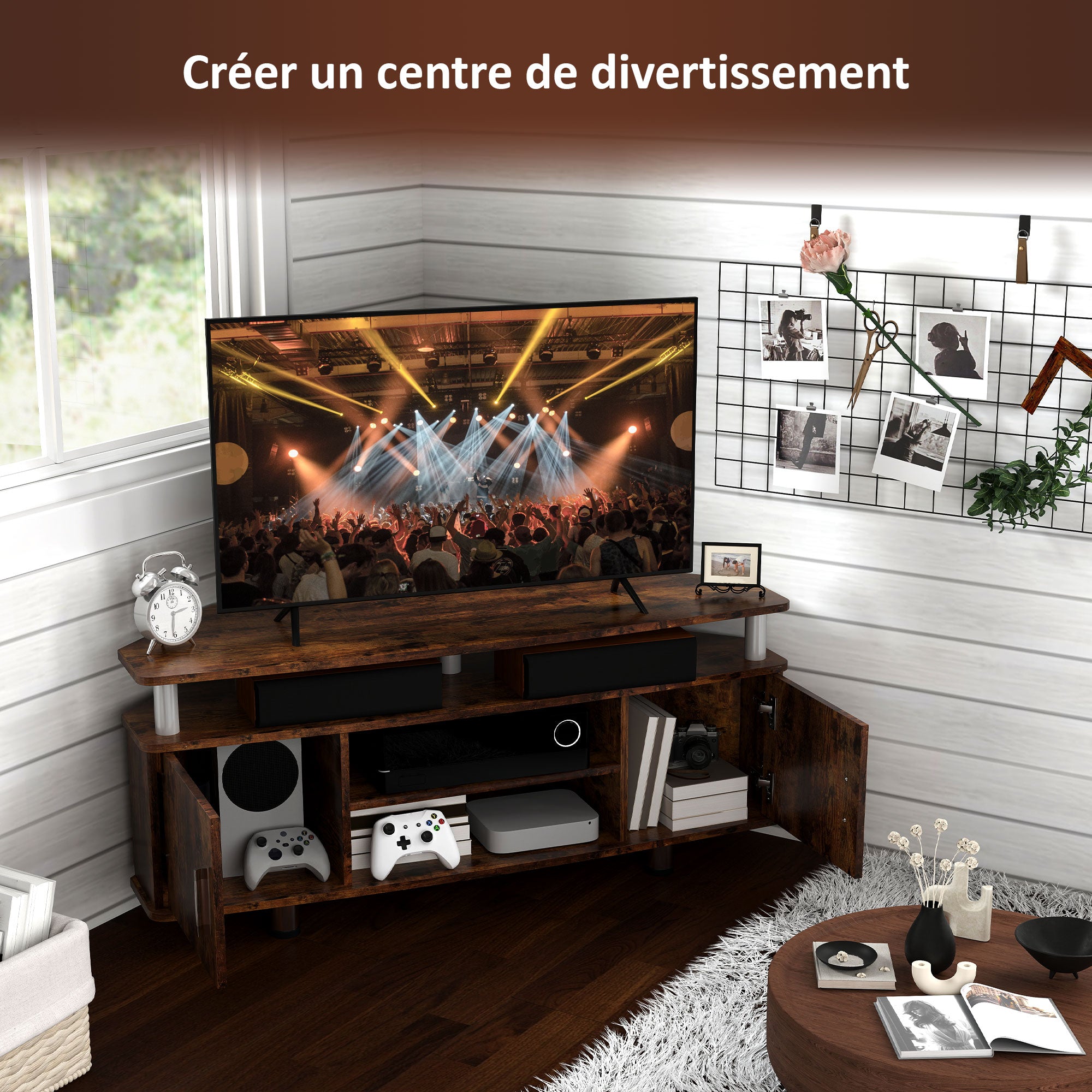 Meuble TV meuble télé bois banc TV pour téléviseur jusqu'à 55 pouces avec grand plateau, placards à portes et compartiment ouvert pour salon chambre à coucher, 120 x 40 x 52 cm, marron