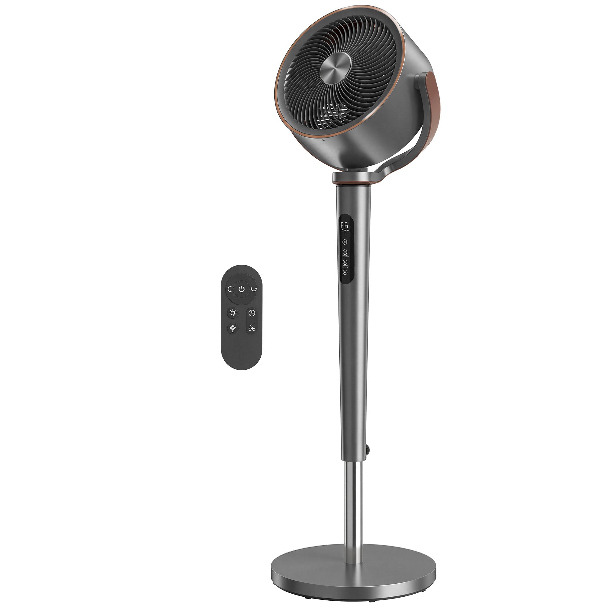 Ventilateur sur pied silencieux 20 dB pour chambre, télécommande, circulateur d'air, oscillation 70°+90°, 12 vitesses, minuterie 12H, lumière LED, moteur BLDC puissant, hauteur réglable, gris