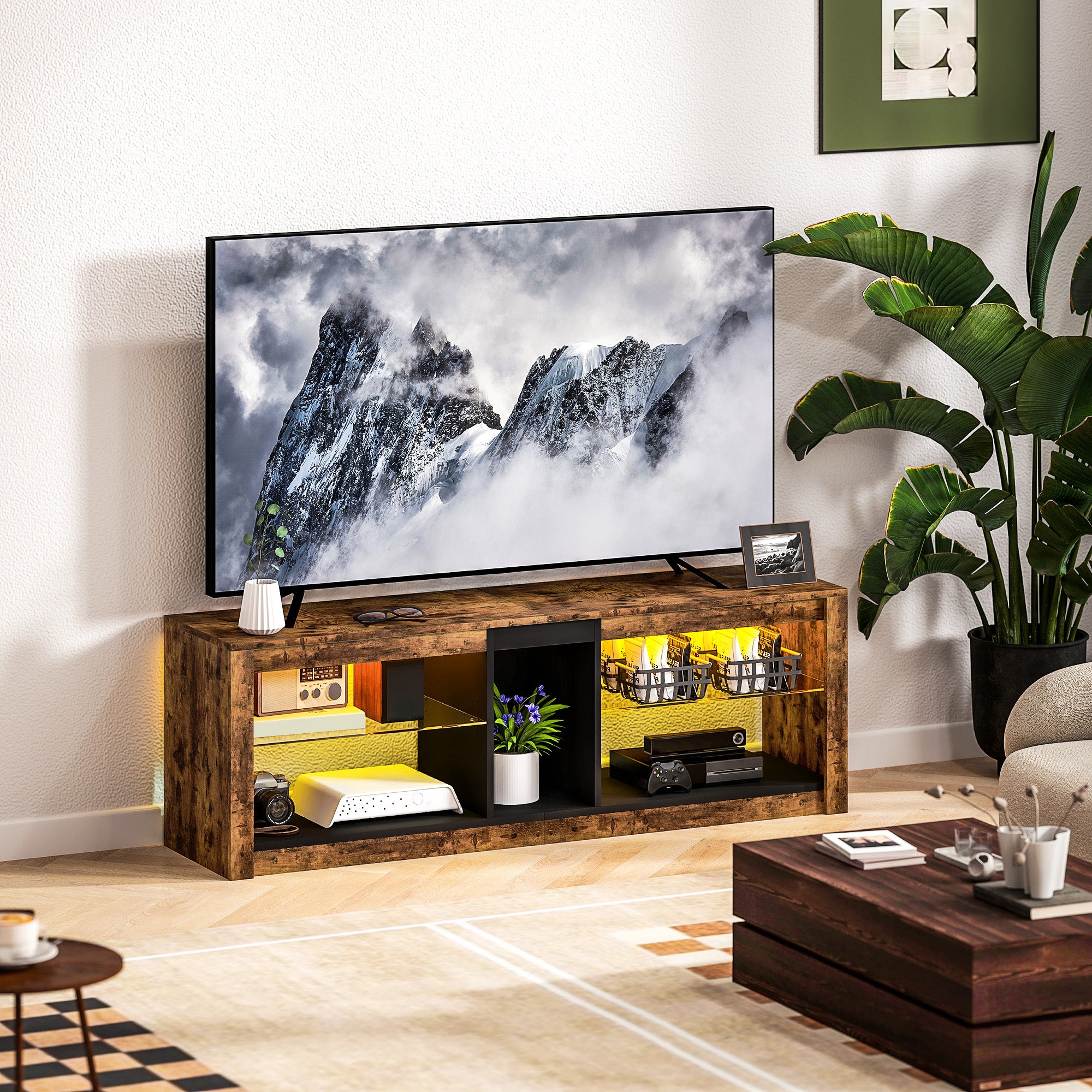 Meuble TV avec lumières LED et télécommande, meuble télé bois banc TV pour téléviseur jusqu'à 65 pouces avec étagères et compartiments ouvert, pour salon chambre à coucher, 140x35x47cm, marron