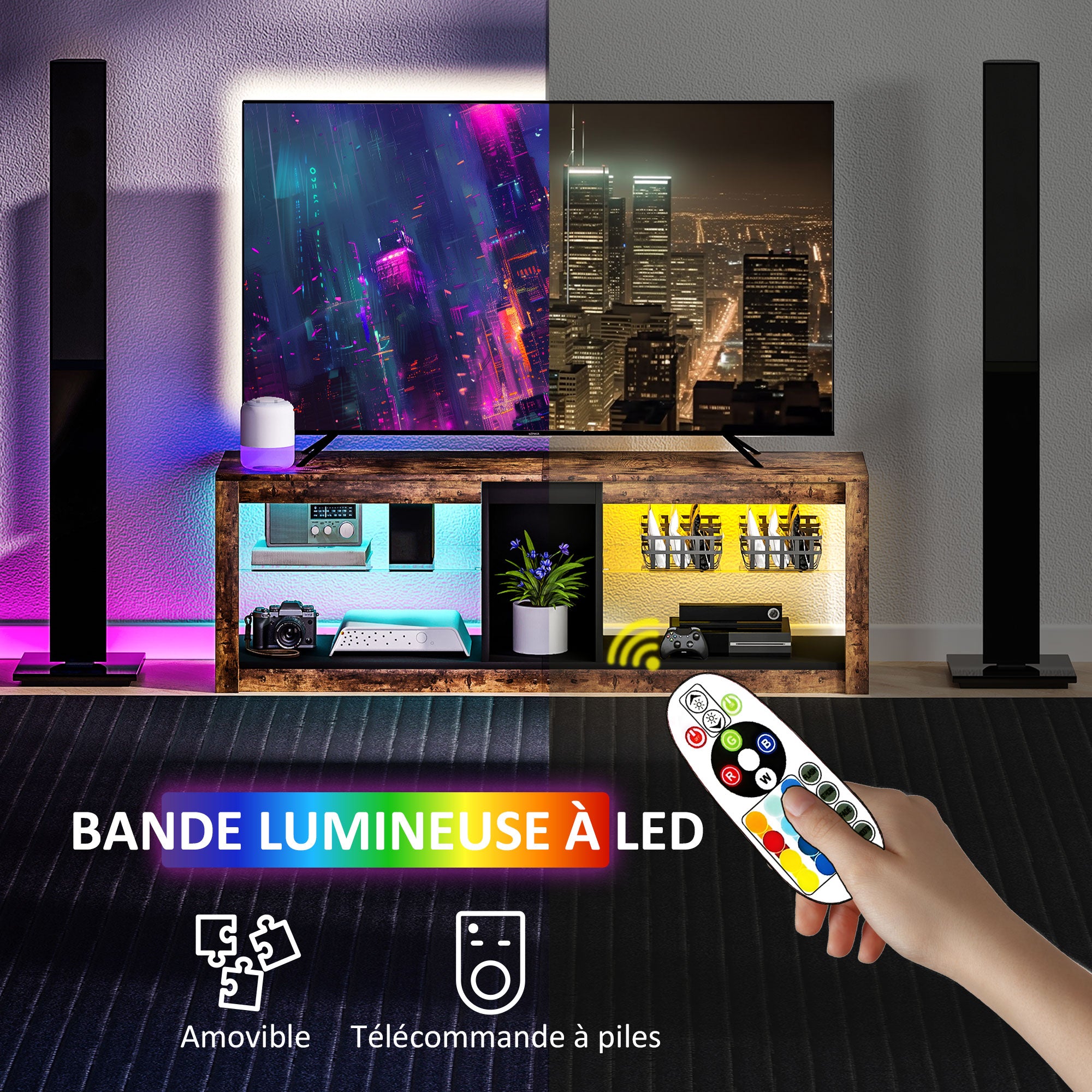 Meuble TV avec lumières LED et télécommande, meuble télé bois banc TV pour téléviseur jusqu'à 65 pouces avec étagères et compartiments ouvert, pour salon chambre à coucher, 140x35x47cm, marron