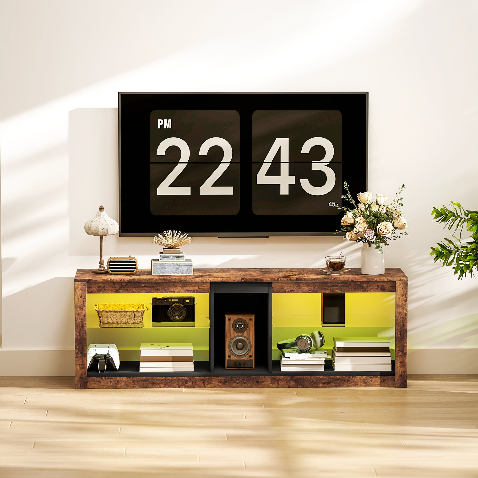 Meuble TV avec lumières LED et télécommande, meuble télé bois banc TV pour téléviseur jusqu'à 65 pouces avec étagères et compartiments ouvert, pour salon chambre à coucher, 140x35x47cm, marron