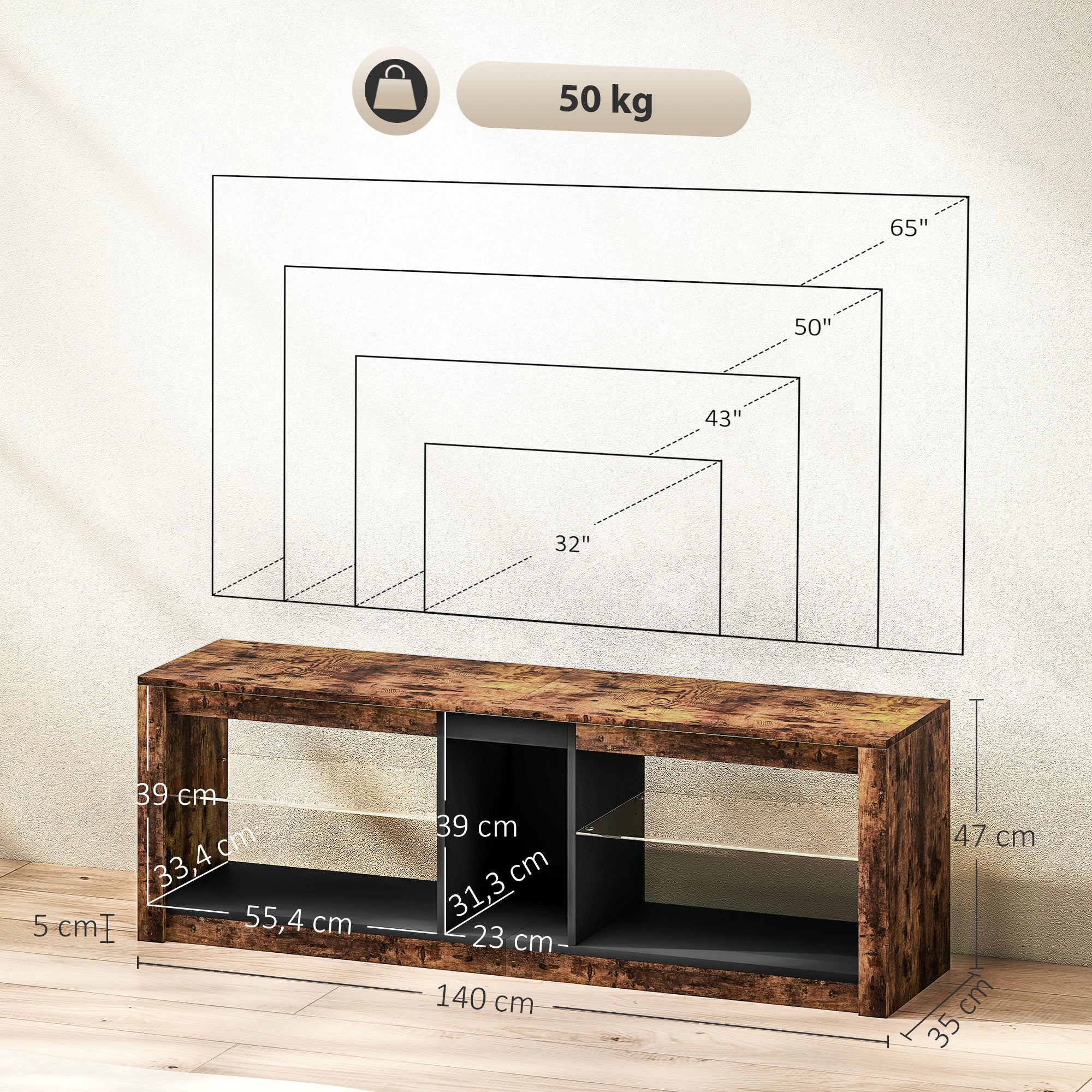 Meuble TV avec lumières LED et télécommande, meuble télé bois banc TV pour téléviseur jusqu'à 65 pouces avec étagères et compartiments ouvert, pour salon chambre à coucher, 140x35x47cm, marron