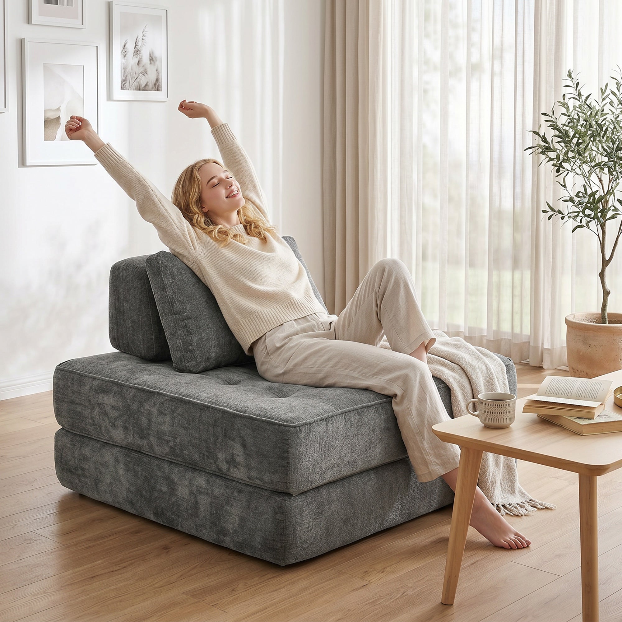 Canapé-Lit Pliant 2 en 1 Chauffeuse 1 Place Convertible en Chenille Matelas Pliable Coussin Épais Dossier et Oreiller Entièrement Compressé Aucun Assemblage Requis pour Salon Chambre Gris