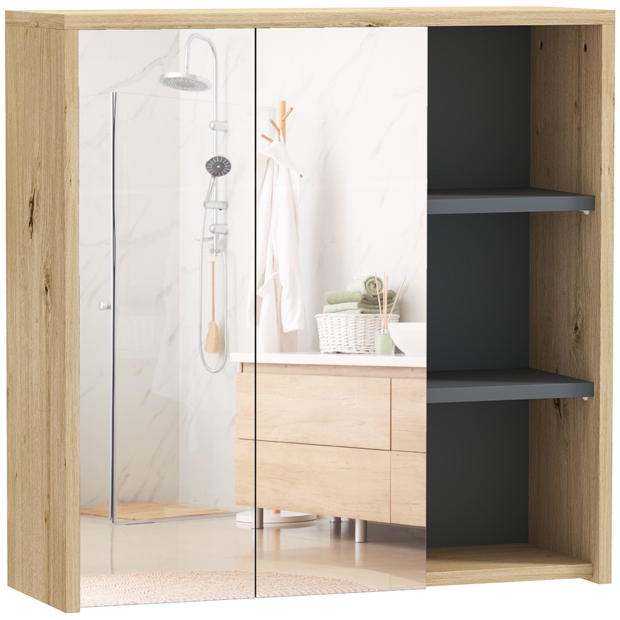 Armoire de salle de bain avec miroir armoire de toilette miroir montage mural avec 3 étagères ouverts 2 portes miroir 60 x 20 x 60 cm bois naturel