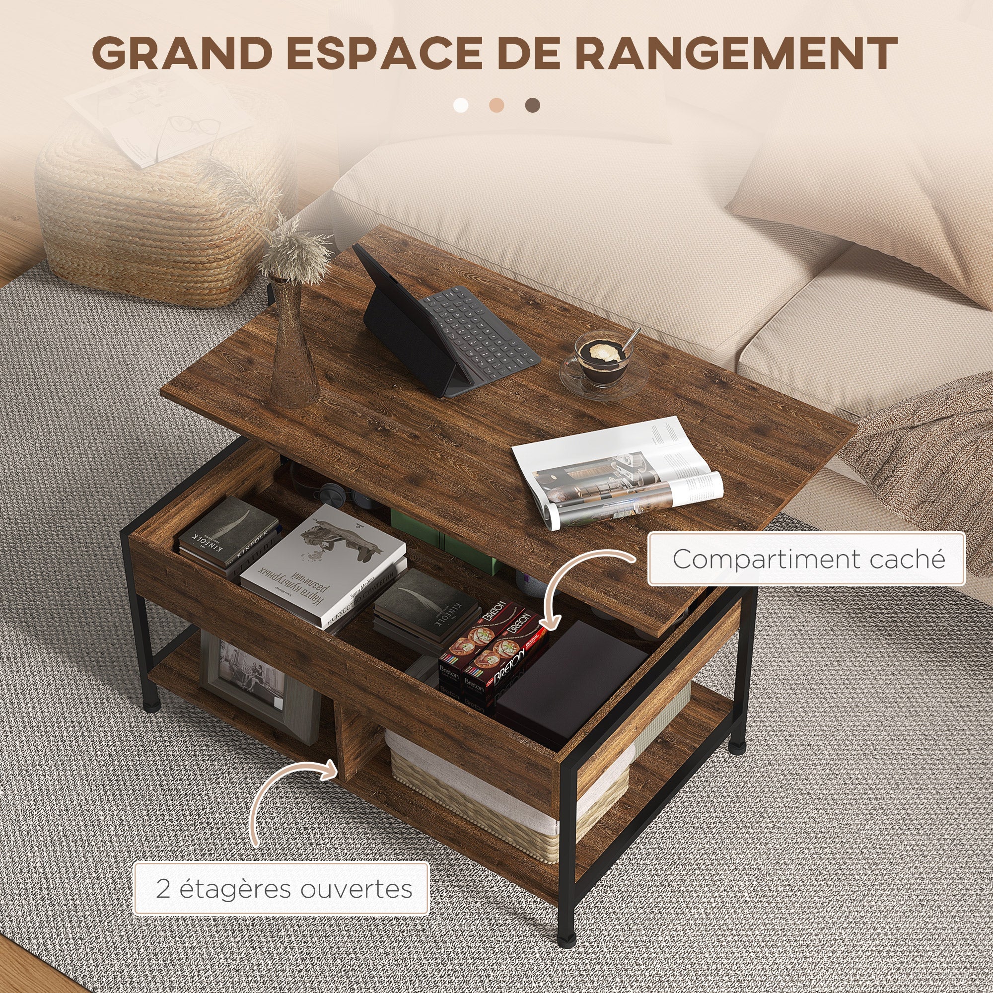 Table basse relevable table de salon - étagère inférieure, coffre de rangement - dim. 100L x 80l x 60H cm - aspect bois rustique noir