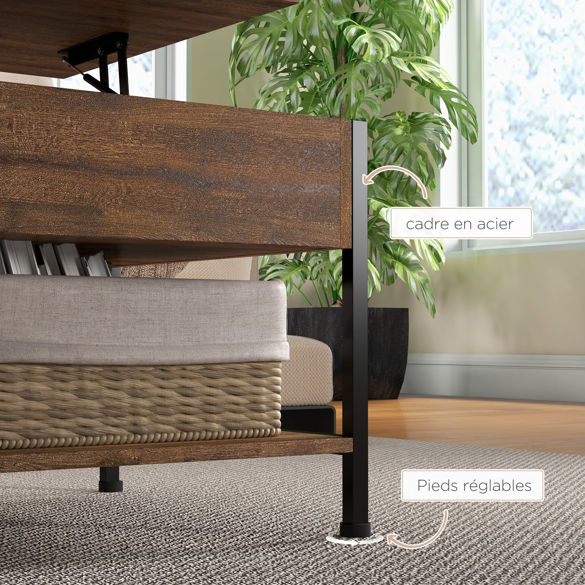 Table basse relevable table de salon - étagère inférieure, coffre de rangement - dim. 100L x 80l x 60H cm - aspect bois rustique noir