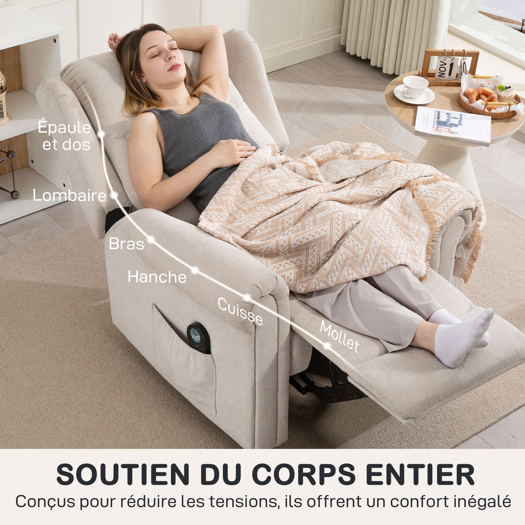 Fauteuil relax électrique massant et chauffant, fauteuil inclinable, dossier et repose-pieds réglable manuellement, poche latérale, tissu aspect lin, pour chambre, salon et home cinéma, beige