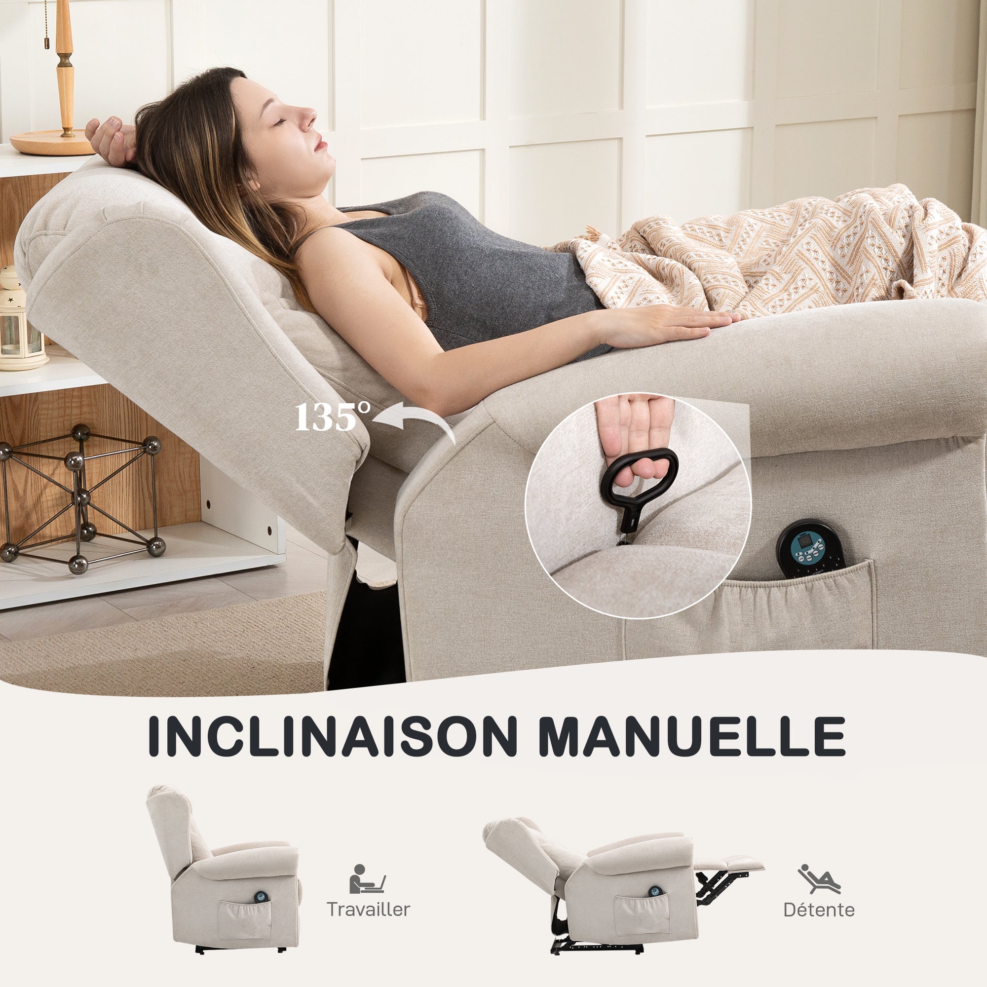 Fauteuil relax électrique massant et chauffant, fauteuil inclinable, dossier et repose-pieds réglable manuellement, poche latérale, tissu aspect lin, pour chambre, salon et home cinéma, beige