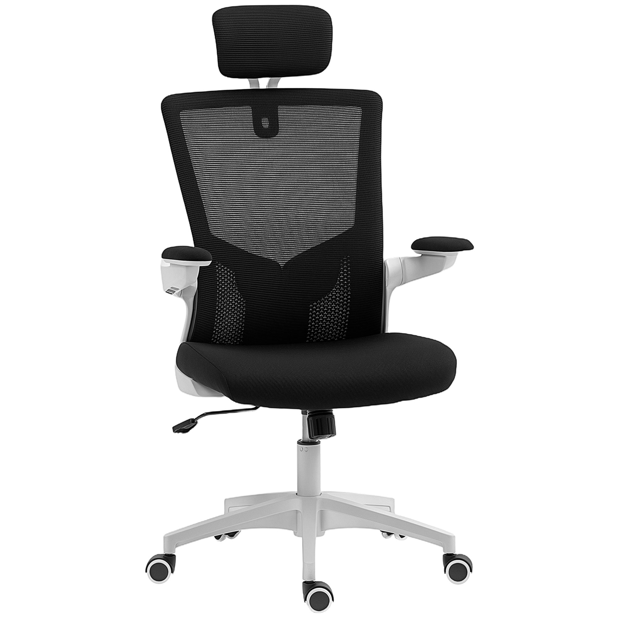 Chaise bureau ergonomique, fauteuil de bureau avec hauteur réglable, soutien lombaire, appui-tête, accoudoirs relevables, fonction bascule, pivotant à 360° et roulettes, noir