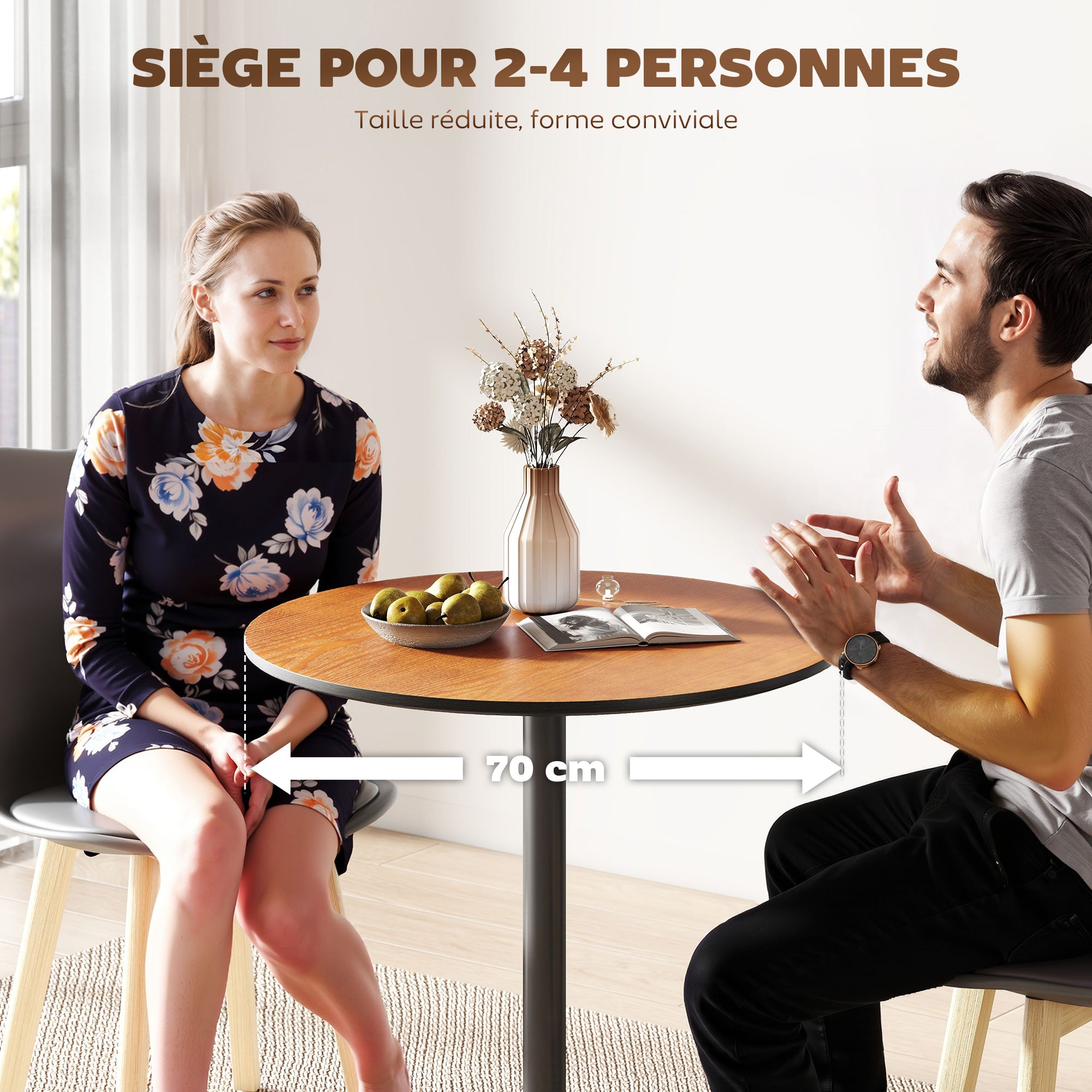 Table à manger ronde pour 2-4 personnes, table de cuisine 70 cm style moderne avec plateau en placage de bois massif et piétement en acier, marron clair