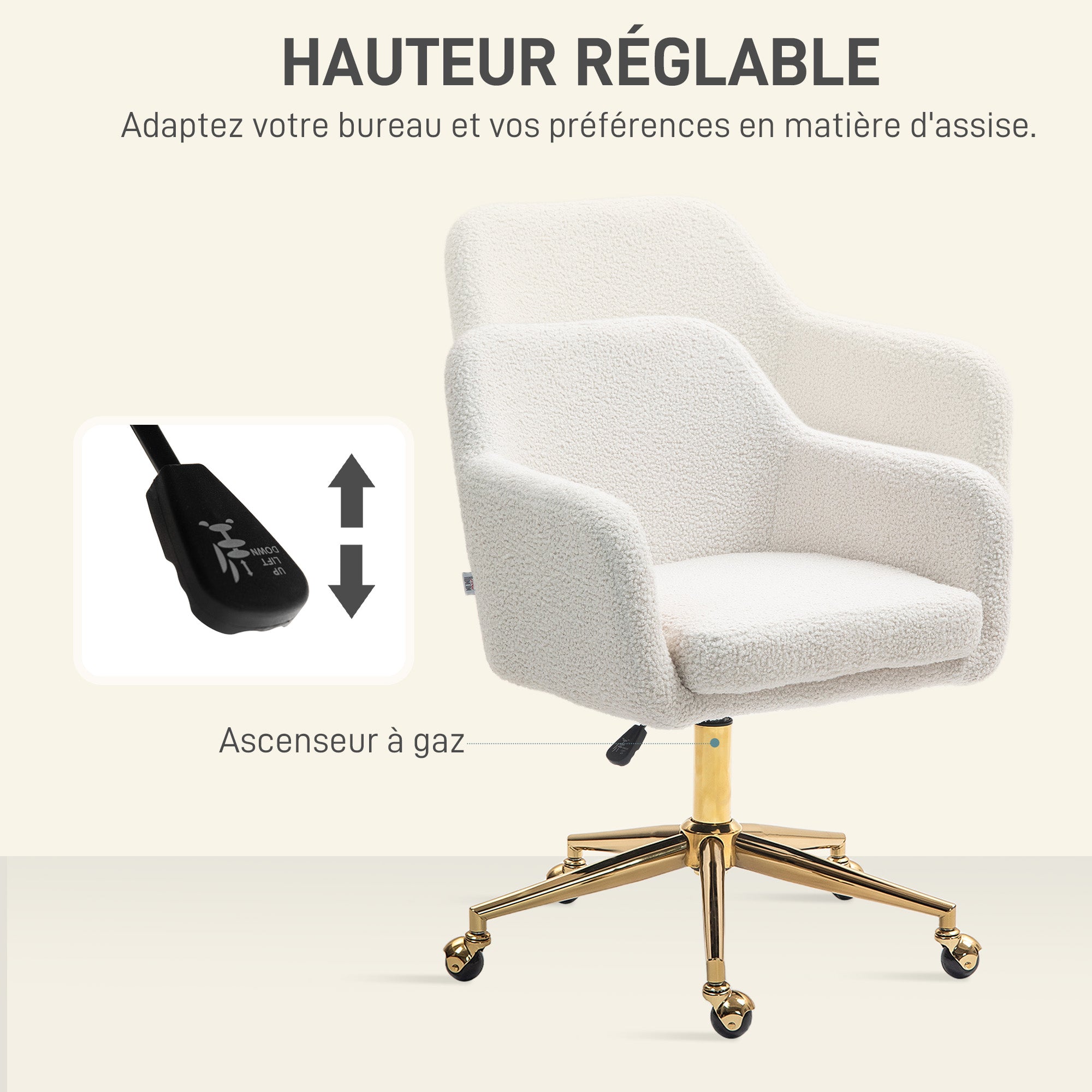 Chaise de bureau, fauteuil de bureau, avec roulettes, hauteur réglable, assise pivotante à 360°, charge 120 kg, crème