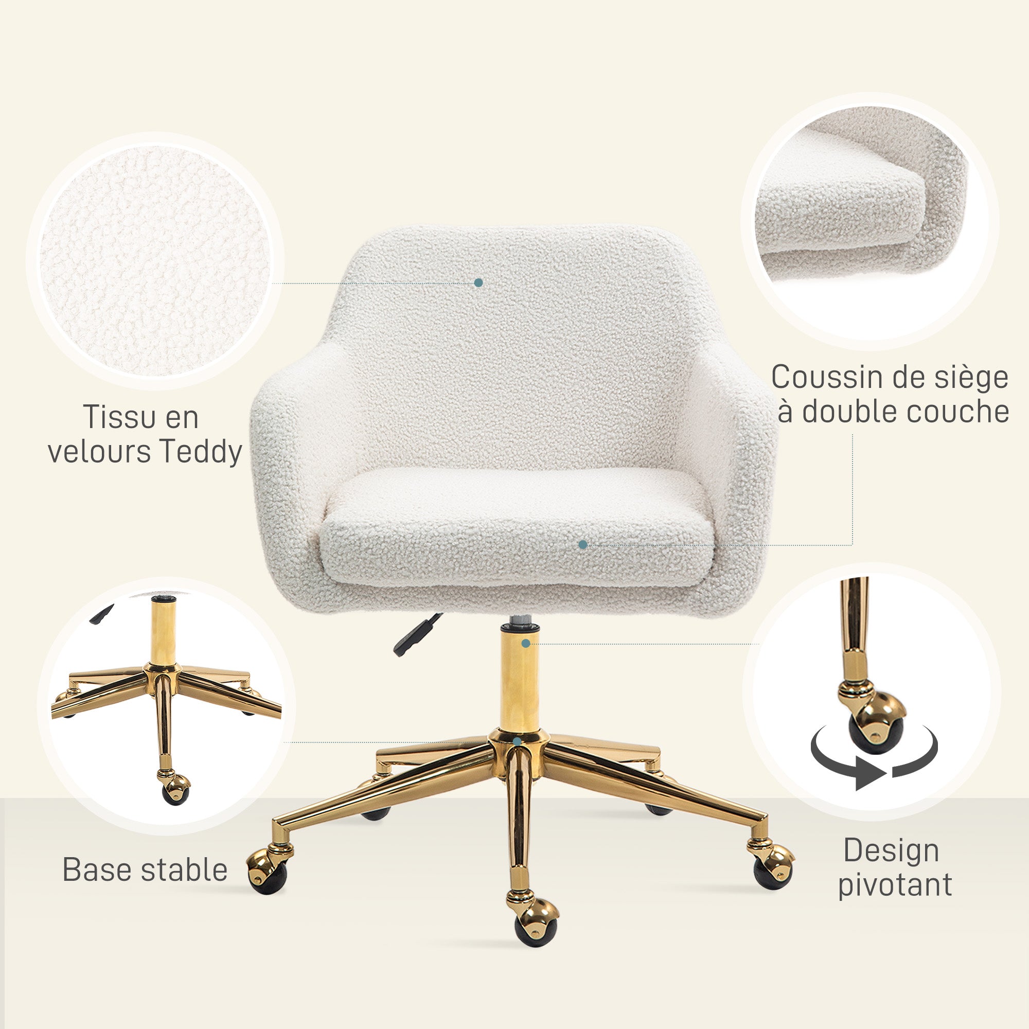 Chaise de bureau, fauteuil de bureau, avec roulettes, hauteur réglable, assise pivotante à 360°, charge 120 kg, crème