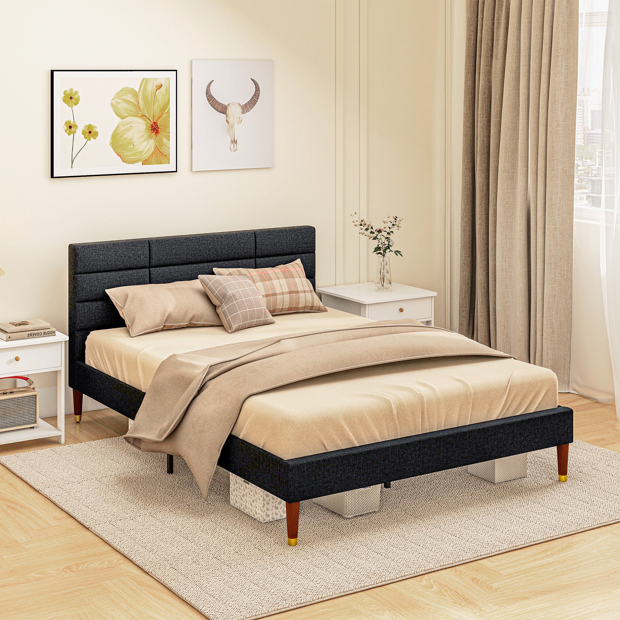 Cadre de lit Double 140 x 200 cm lit 2 Personnes - Hauteur 17 cm, sommier à Lattes et tête de lit capitonnée - en Bois et Tissu, Noir