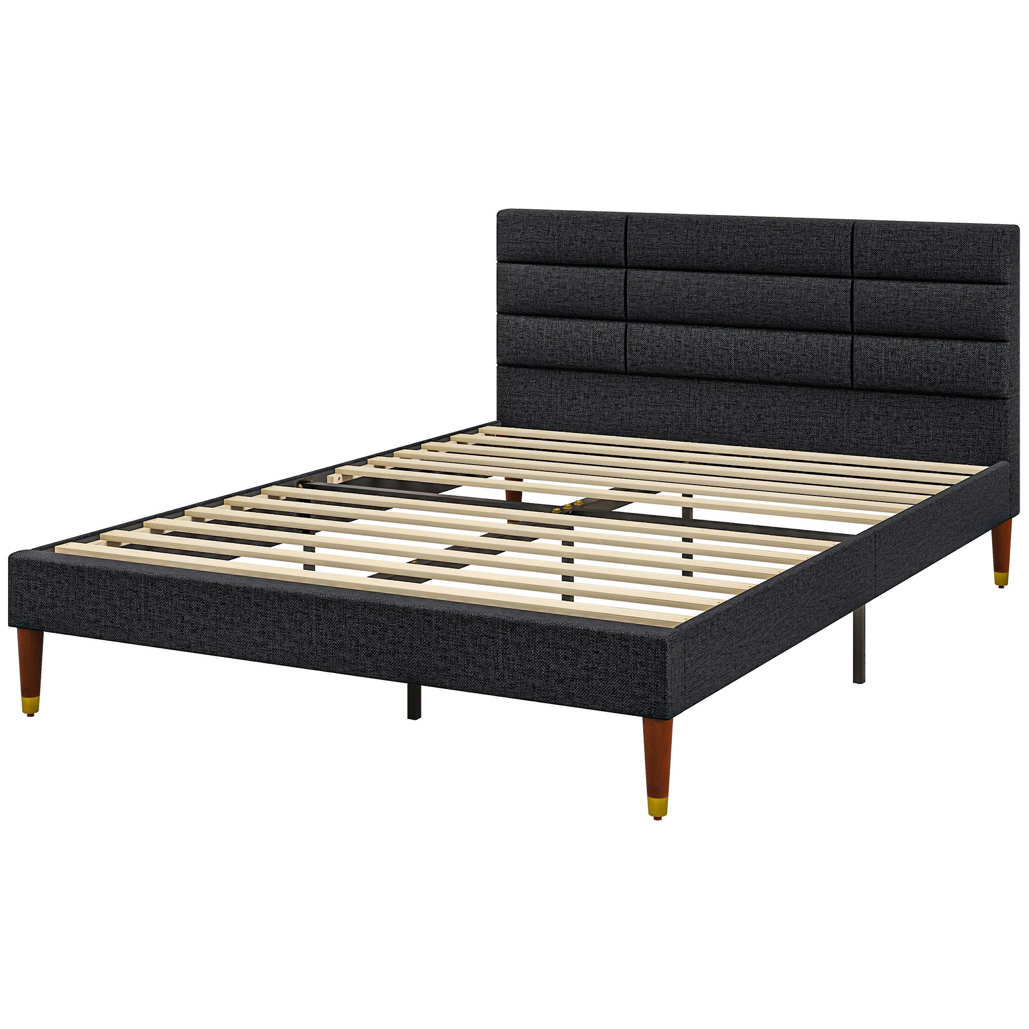 Cadre de lit Double 140 x 200 cm lit 2 Personnes - Hauteur 17 cm, sommier à Lattes et tête de lit capitonnée - en Bois et Tissu, Noir
