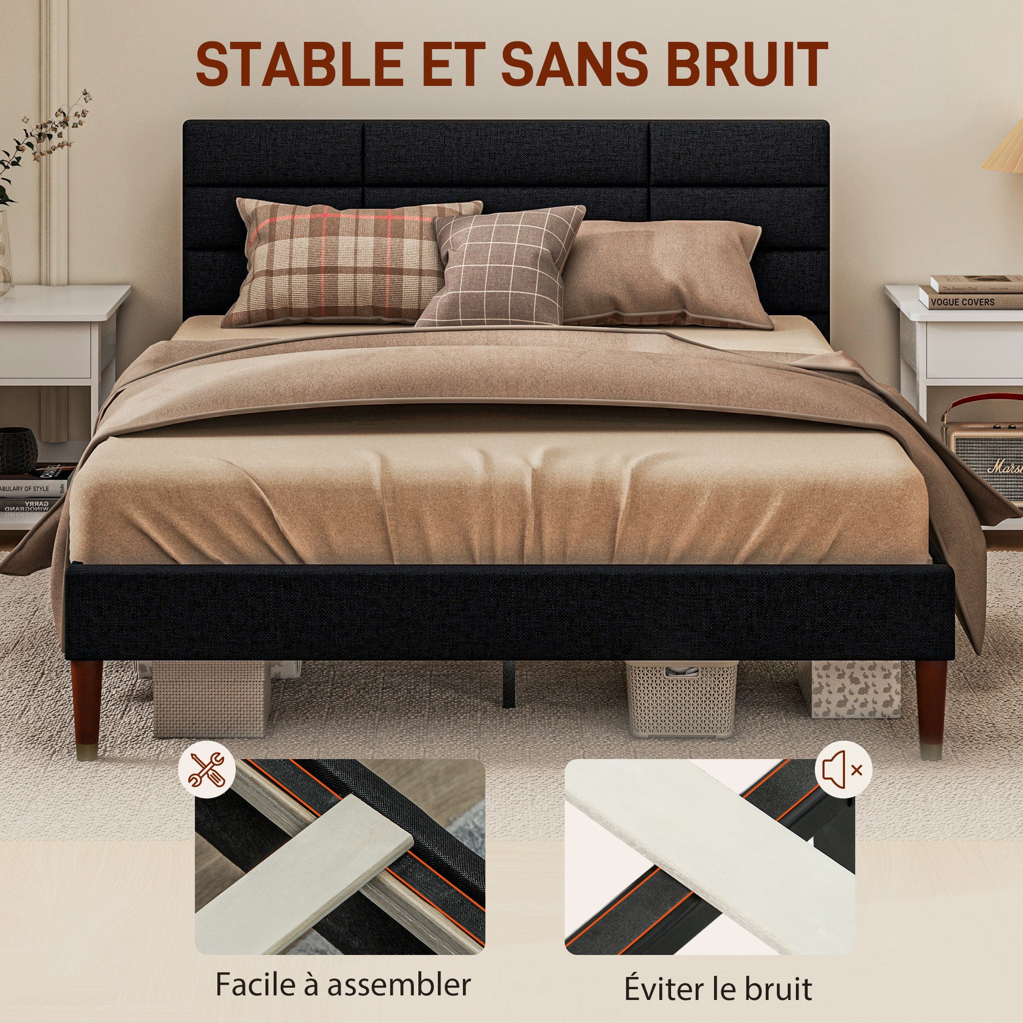 Cadre de lit Double 140 x 200 cm lit 2 Personnes - Hauteur 17 cm, sommier à Lattes et tête de lit capitonnée - en Bois et Tissu, Noir