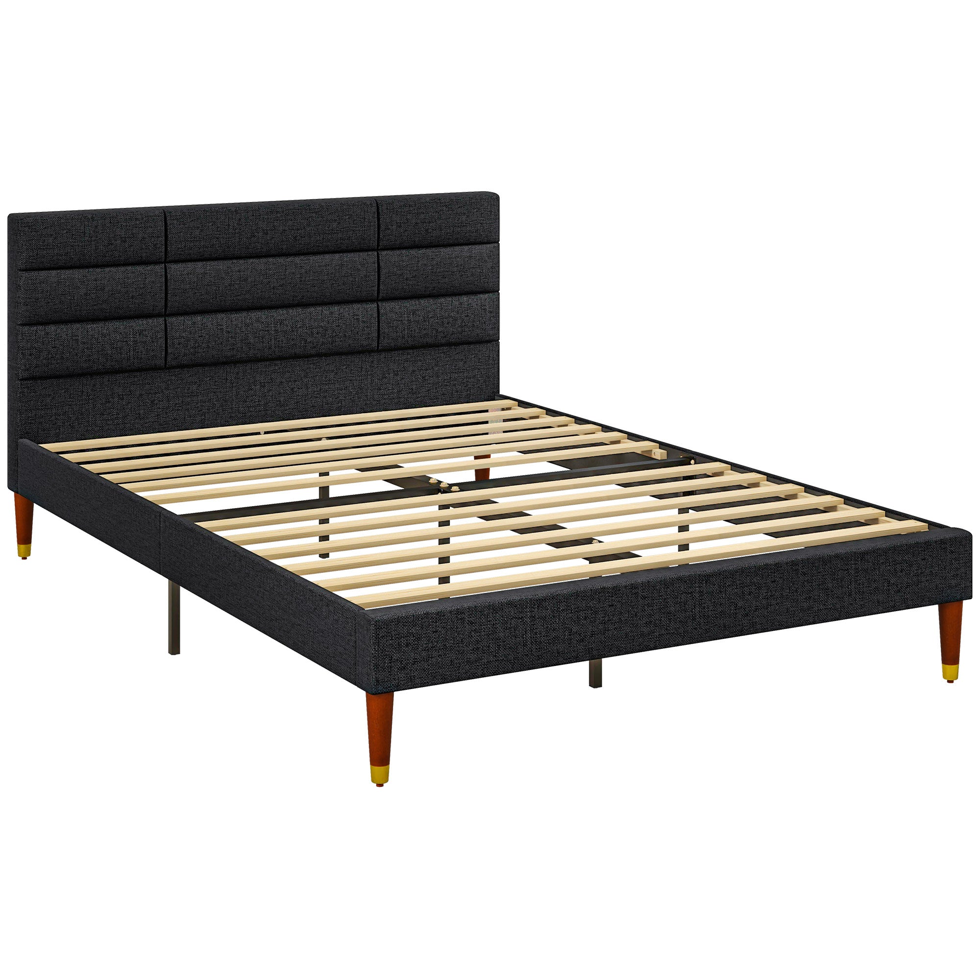 Cadre de lit Double 140 x 200 cm lit 2 Personnes - Hauteur 17 cm, sommier à Lattes et tête de lit capitonnée - en Bois et Tissu, Noir