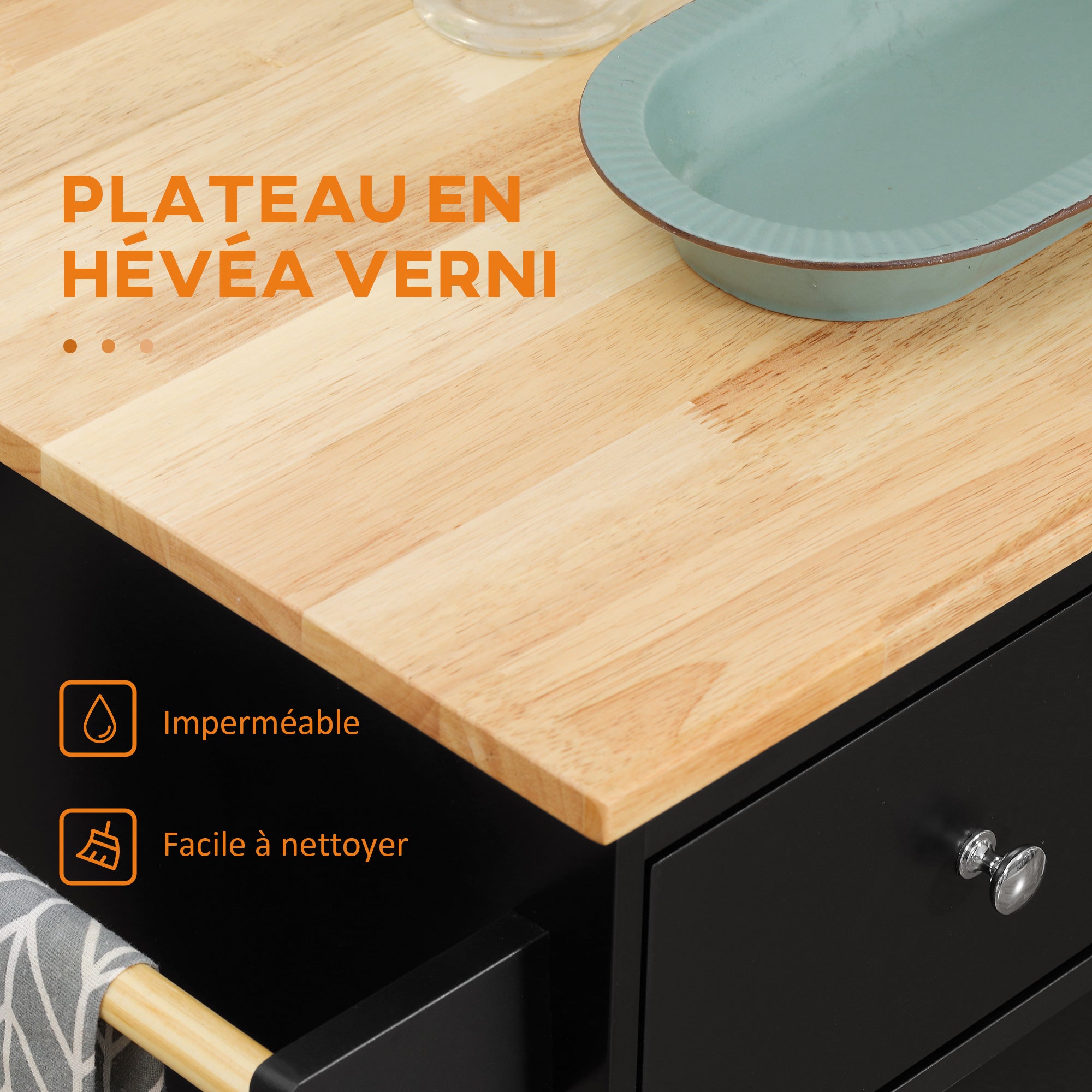 Desserte de cuisine ilôt cuisine avec plan de travail étagère range-bouteilles porte-torchons 2 tiroirs placard 2 portes MDF noir hévéa