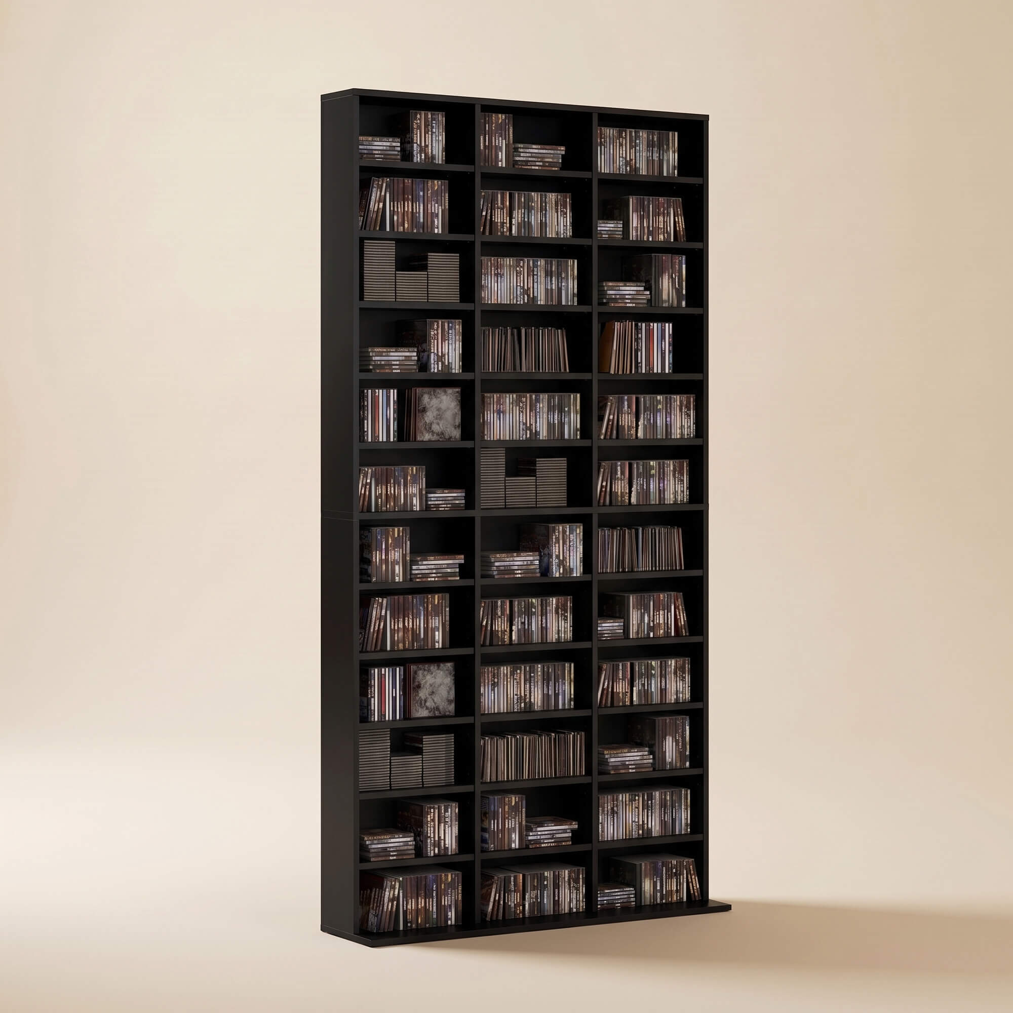 Rangements pour CD et DVD, étagère rangement, capacité max. 1116 CD/528 DVD, 36 compartiments et étagères réglables, pour bureau, salon, chambre, 102 x 23,5 x 195 cm, noir