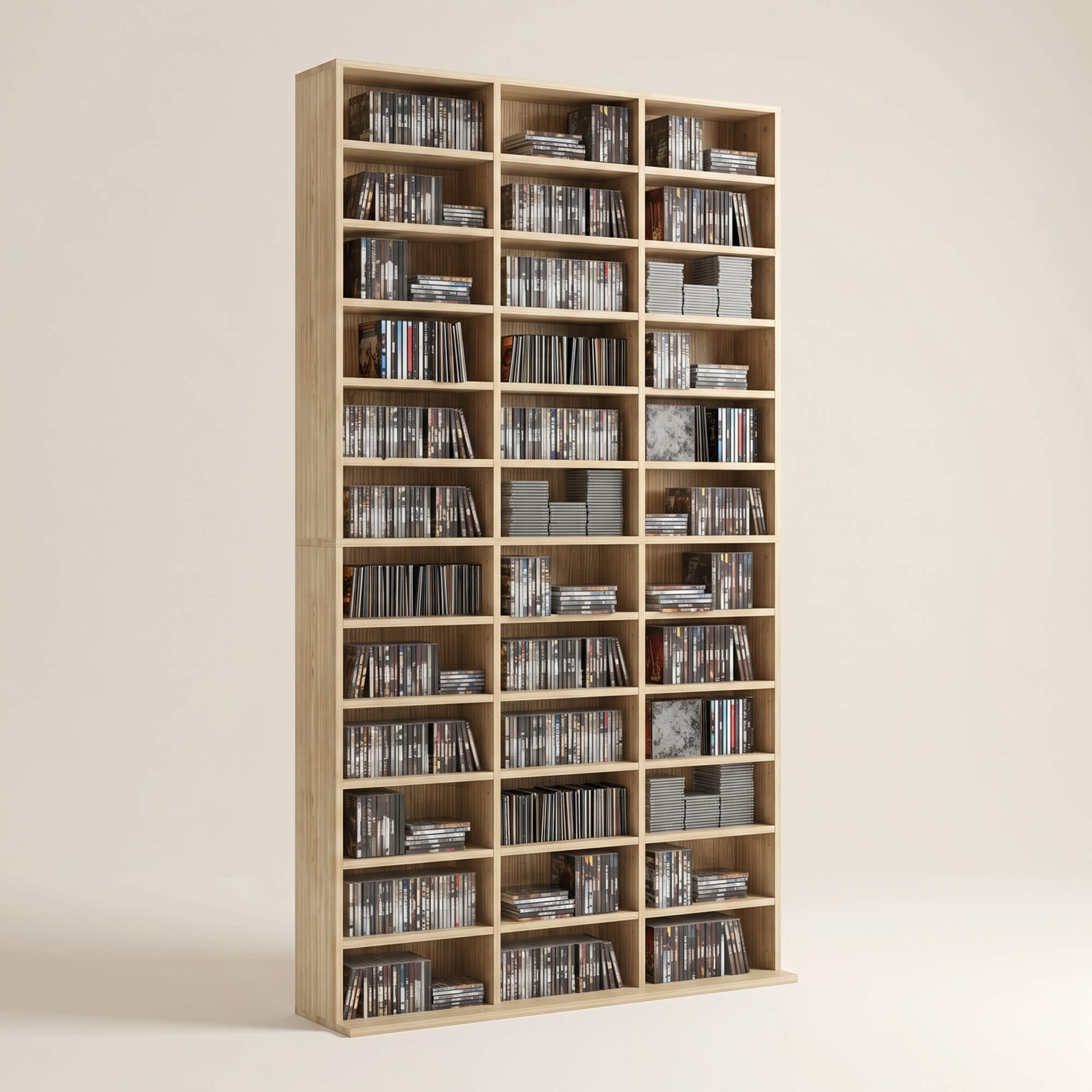 Rangements pour CD et DVD, étagère rangement, capacité max. 1116 CD/528 DVD, 36 compartiments et étagères réglables, pour bureau, salon, chambre, 102 x 23,5 x 195 cm, chêne