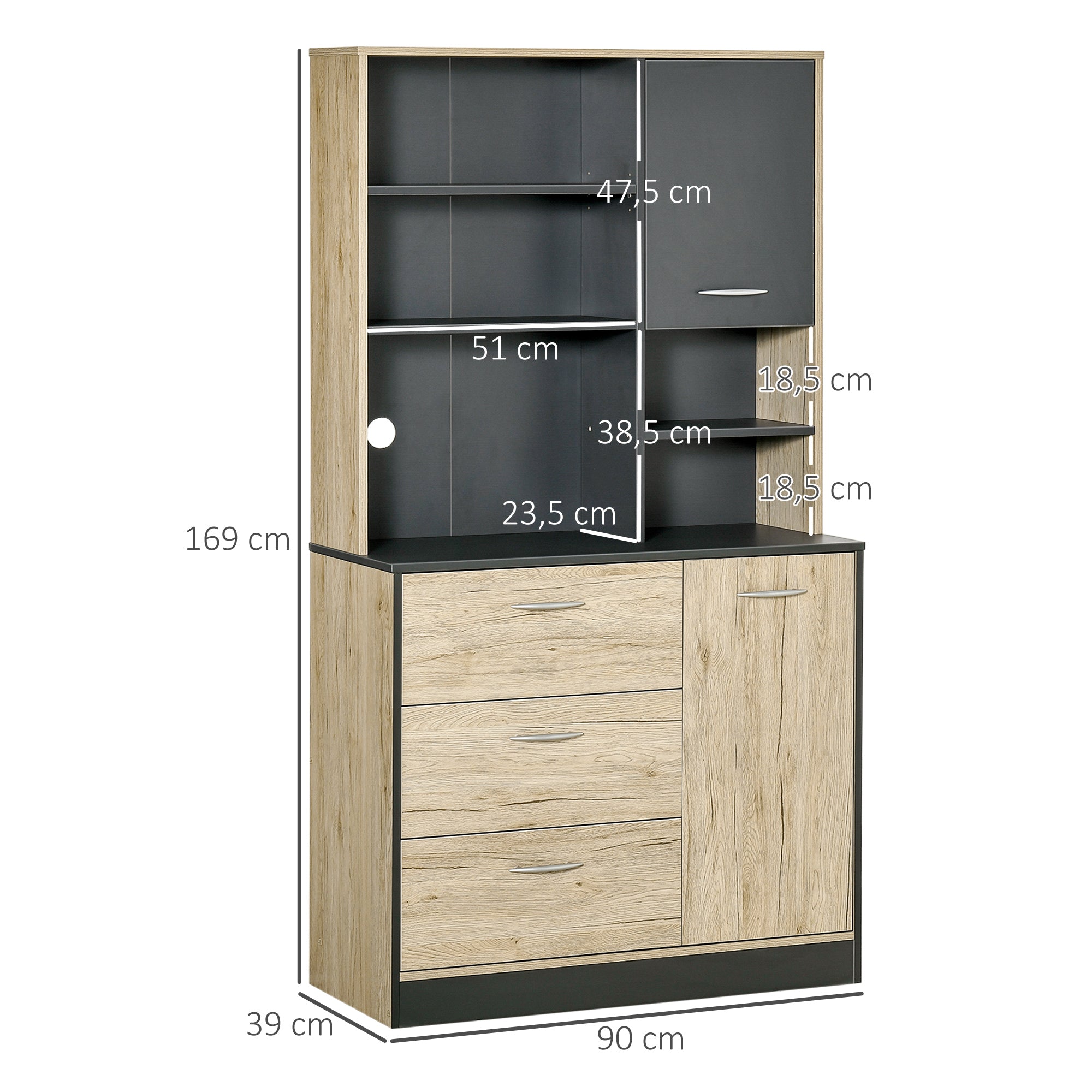 Buffet de cuisine armoire de cuisine multi-rangements 2 portes 3 tiroirs 3 étagères + grand plateau 90L x 39l x 169H cm bicolore chêne clair gris