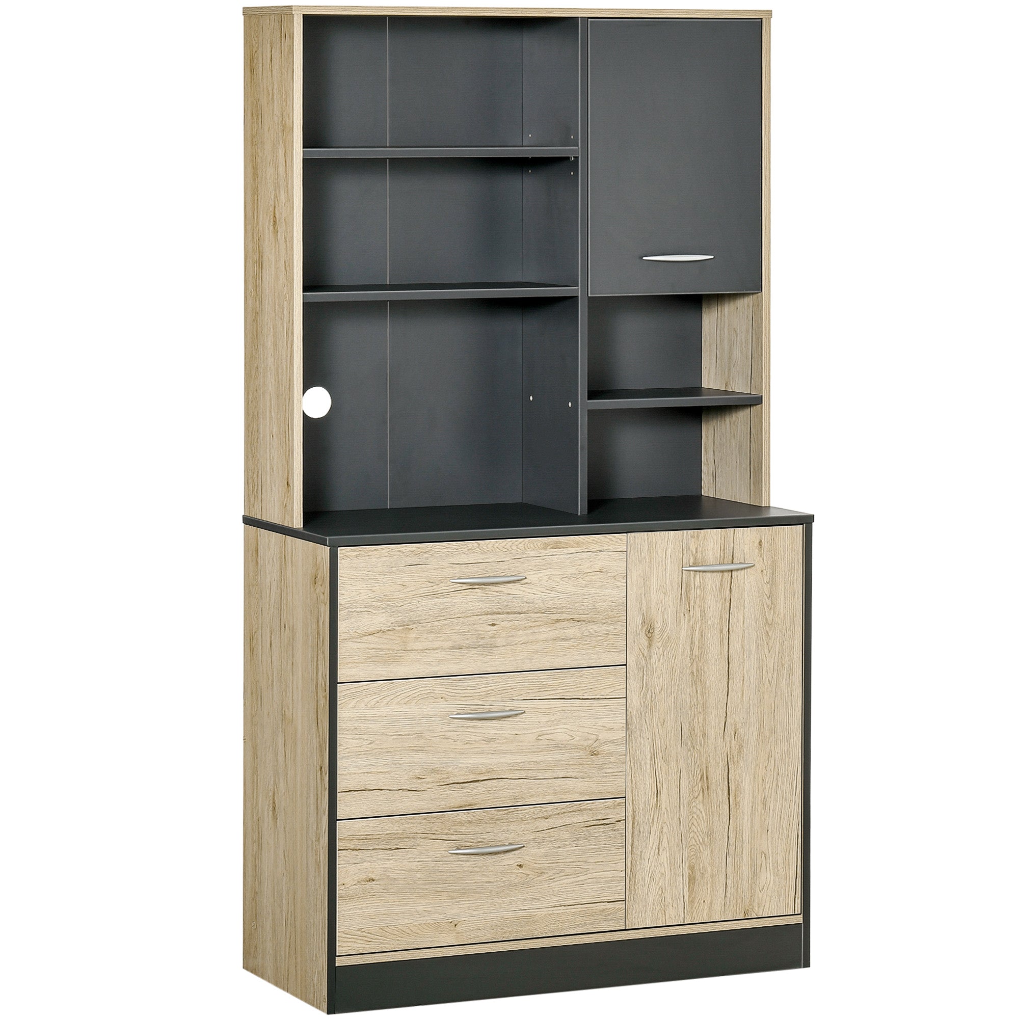 Buffet de cuisine armoire de cuisine multi-rangements 2 portes 3 tiroirs 3 étagères + grand plateau 90L x 39l x 169H cm bicolore chêne clair gris
