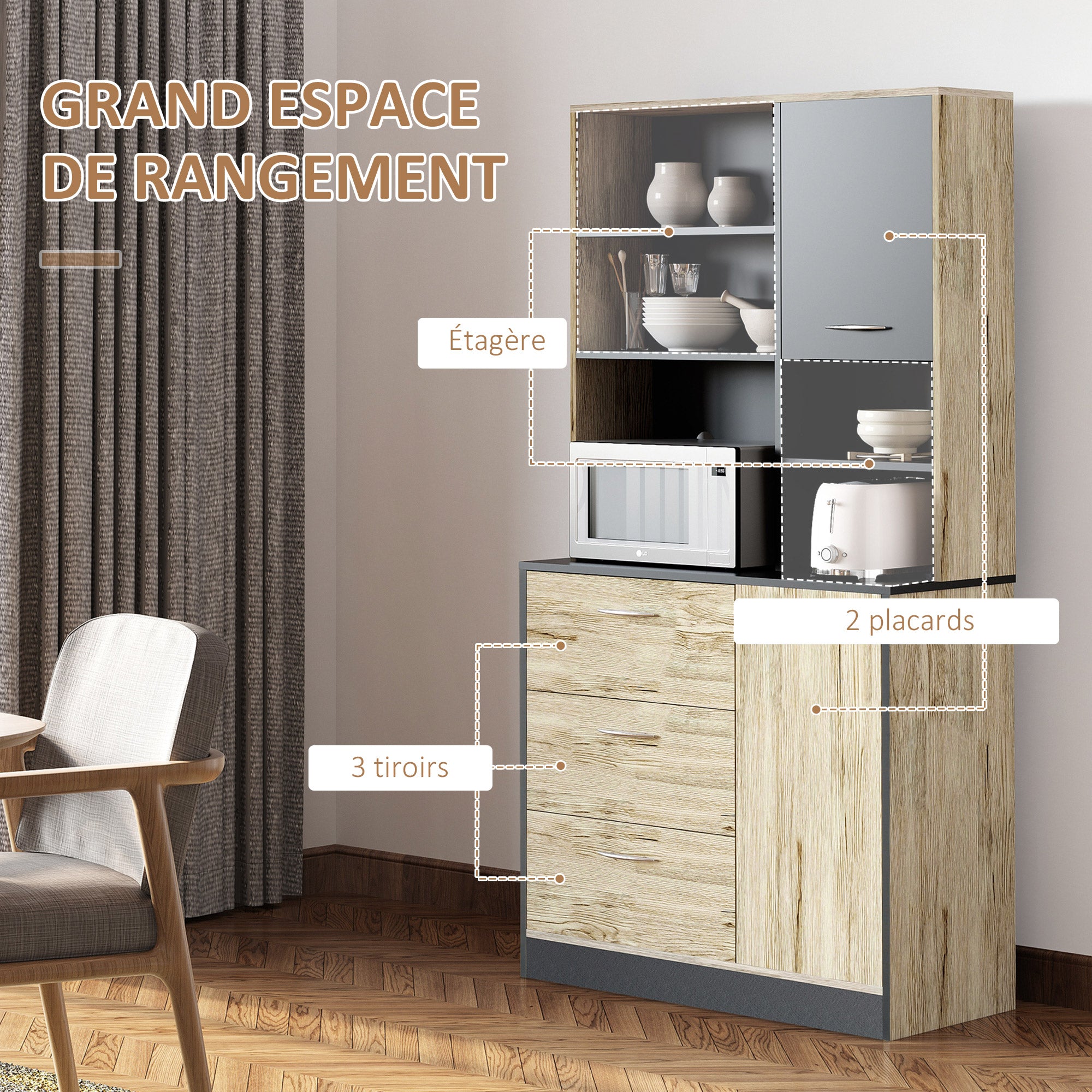 Buffet de cuisine armoire de cuisine multi-rangements 2 portes 3 tiroirs 3 étagères + grand plateau 90L x 39l x 169H cm bicolore chêne clair gris